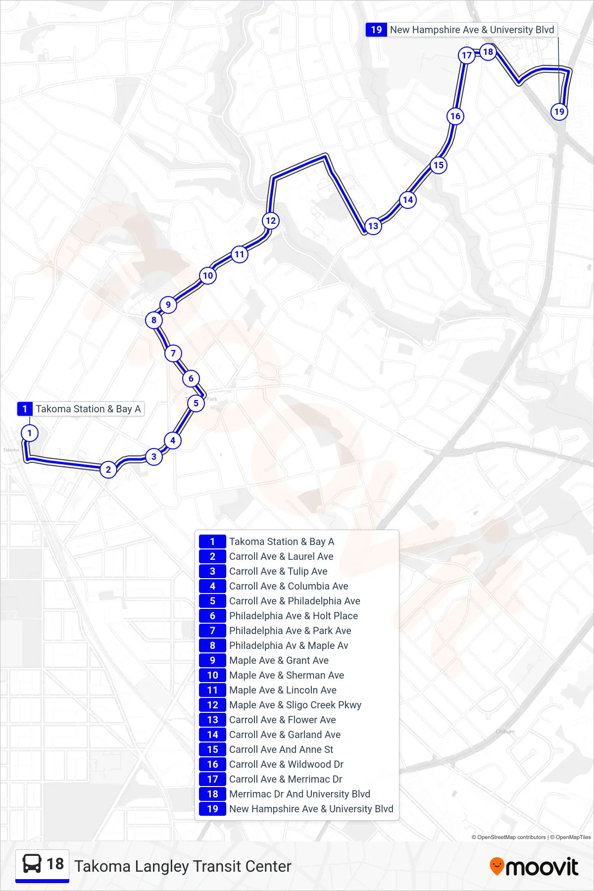 18 bus Line (Takoma Langley Transit Center) route and stops on a map