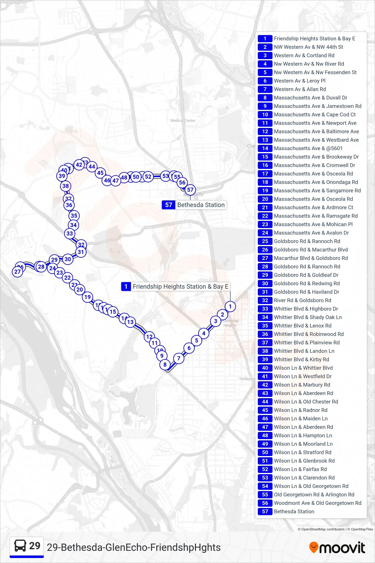 29 bus Line (Bethesda) route and stops on a map
