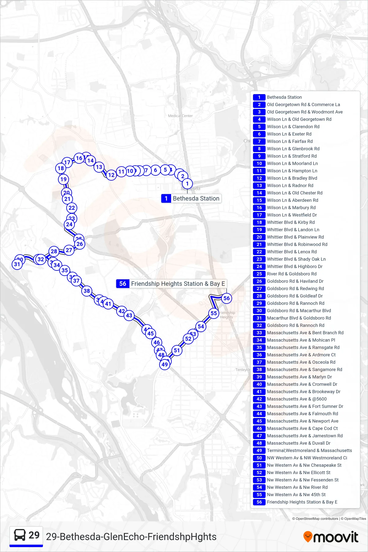 29 bus Line (Friendship Heights) route and stops on a map