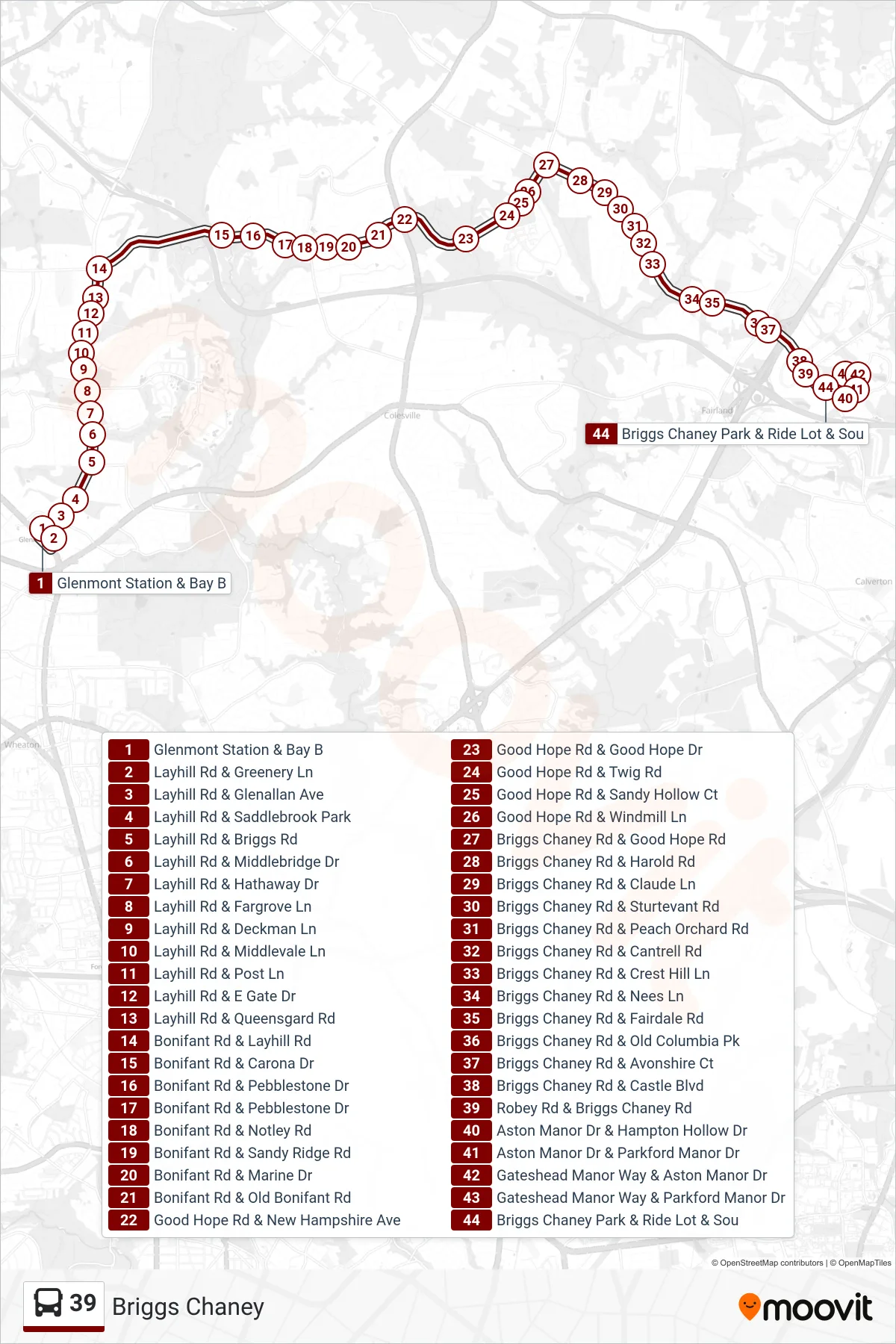 39 bus Line (Briggs Chaney) route and stops on a map
