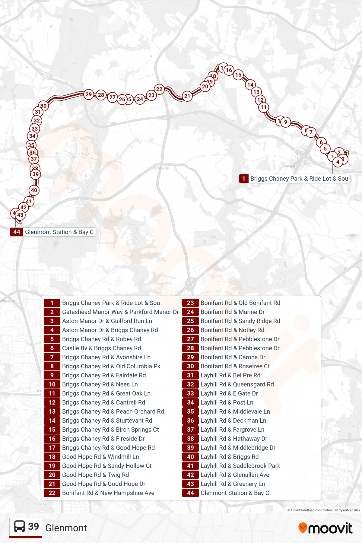 39 bus Line (Glenmont) route and stops on a map