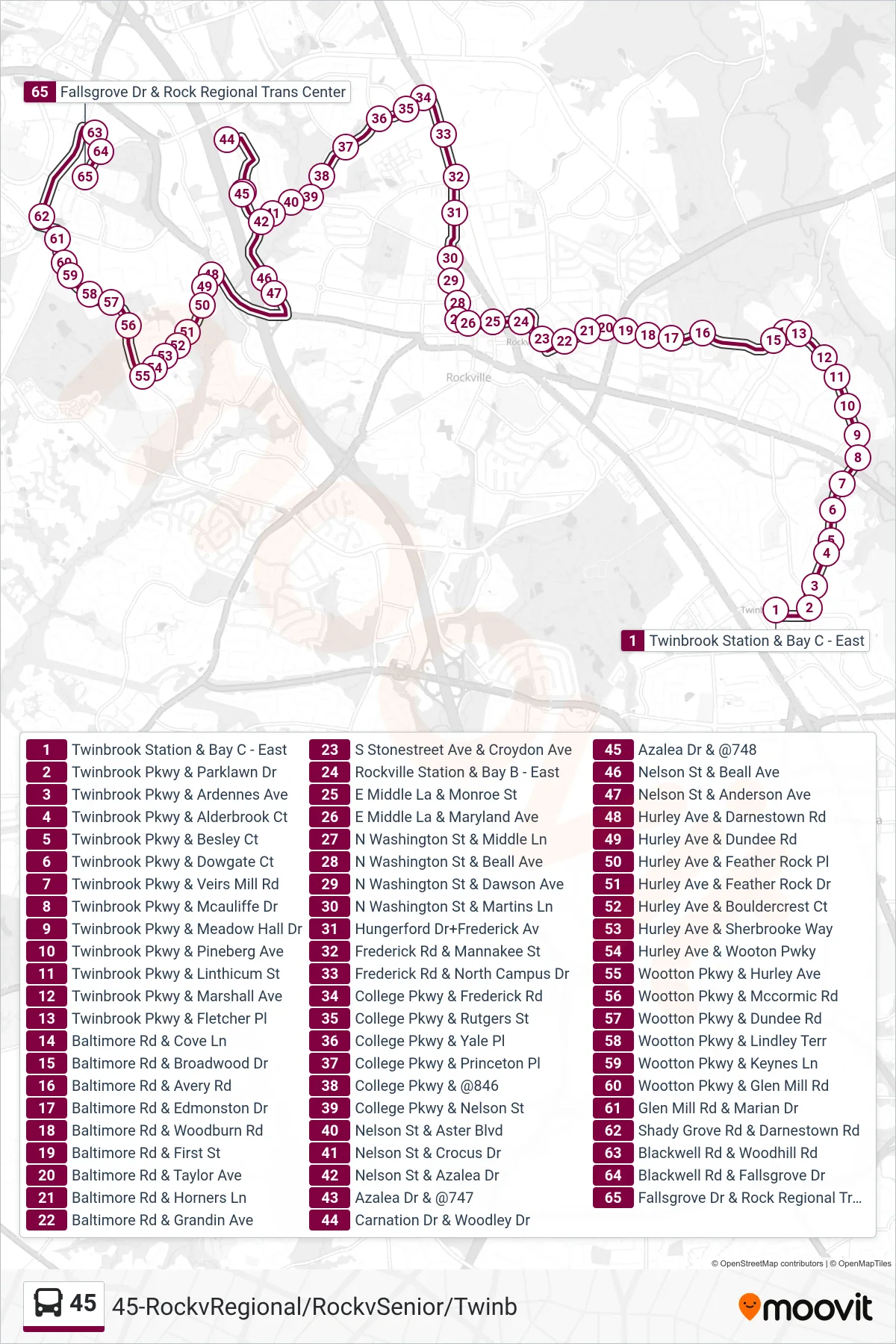 45 bus Line (Falls Grove Via Sc) route and stops on a map