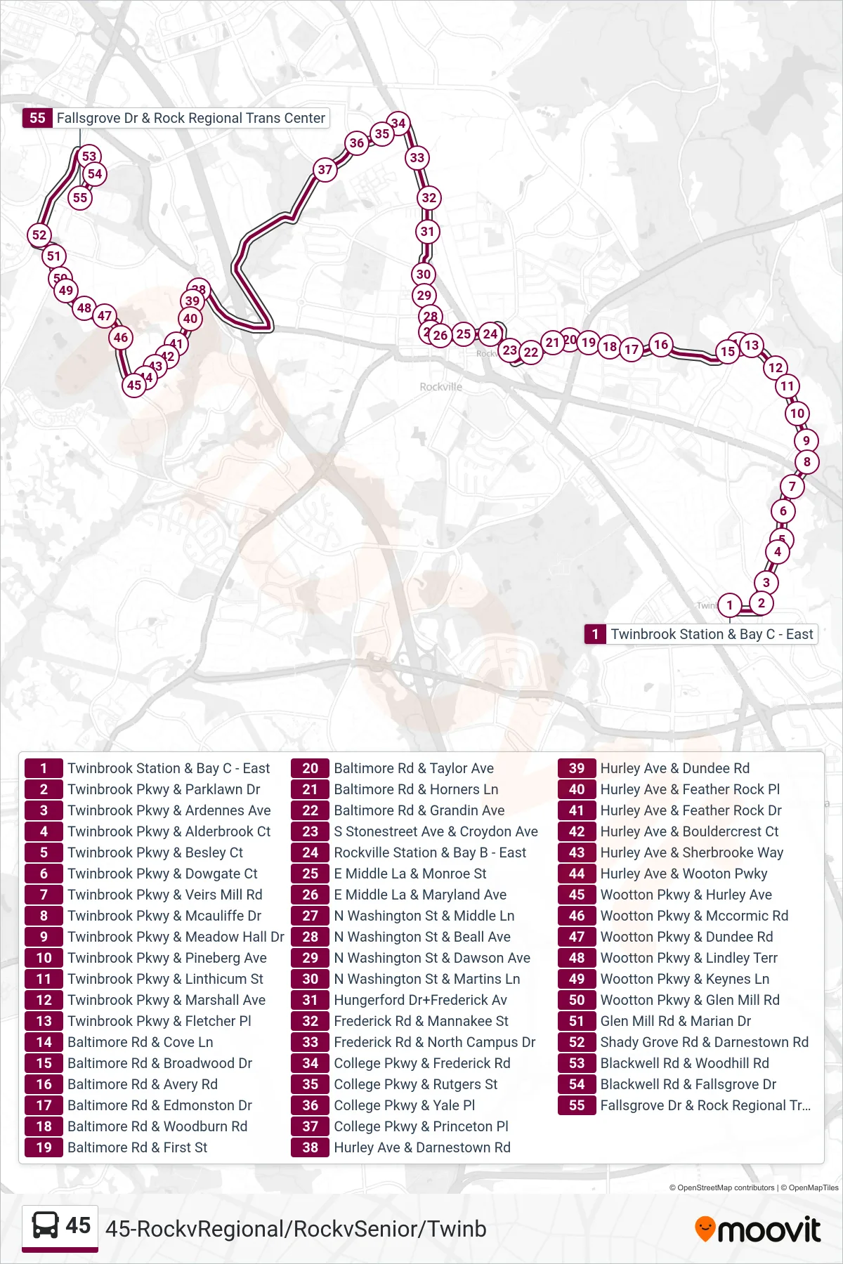 45 bus Line (Falls Grove Via Tc) route and stops on a map