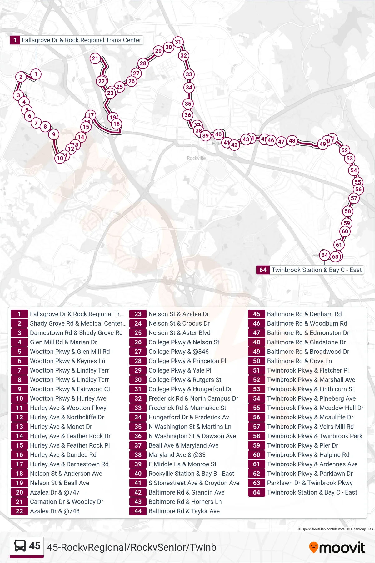 45 bus Line (Twinbrook Via Sc) route and stops on a map