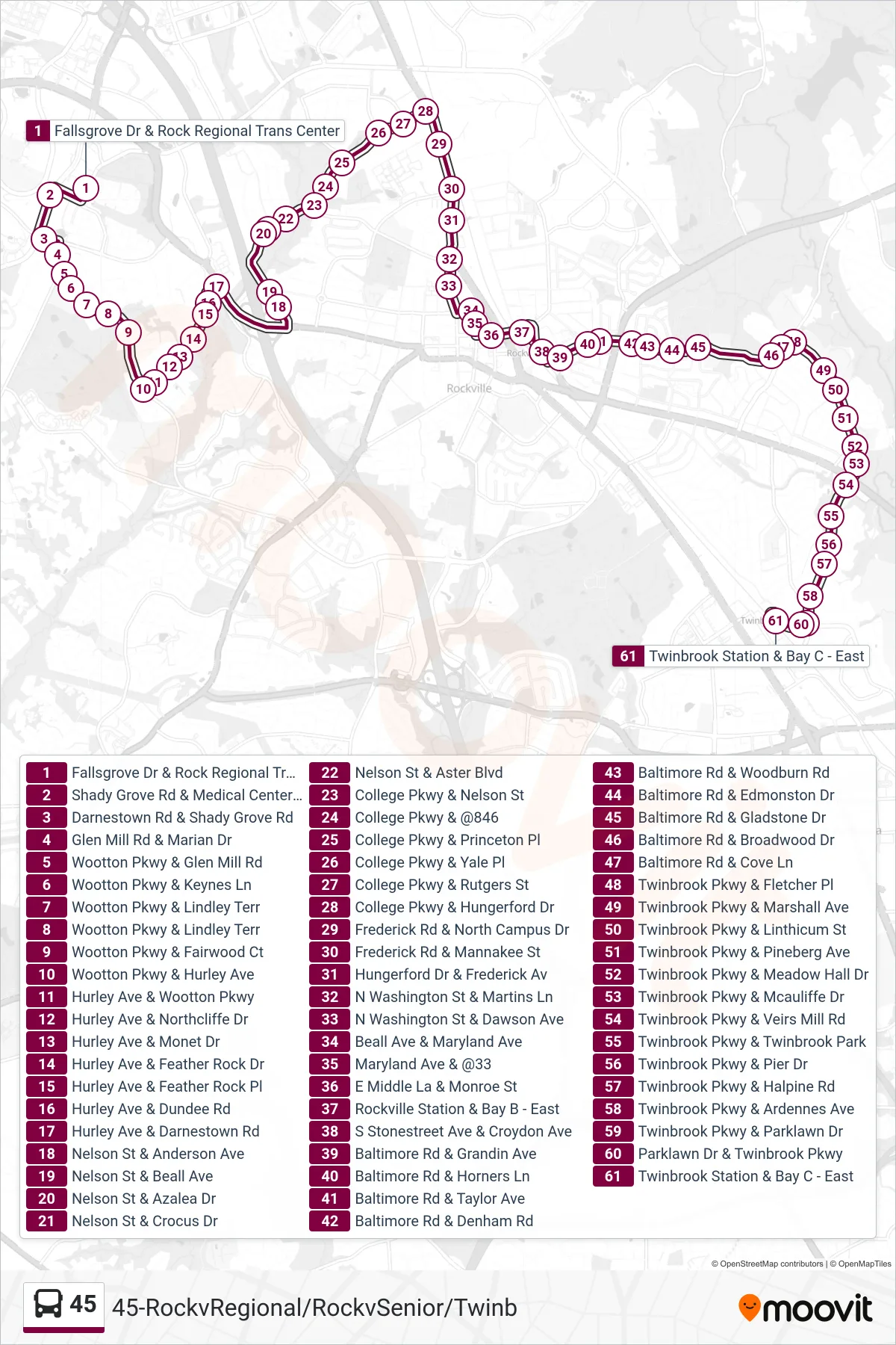 45 bus Line (Twinbrook Via Tc) route and stops on a map