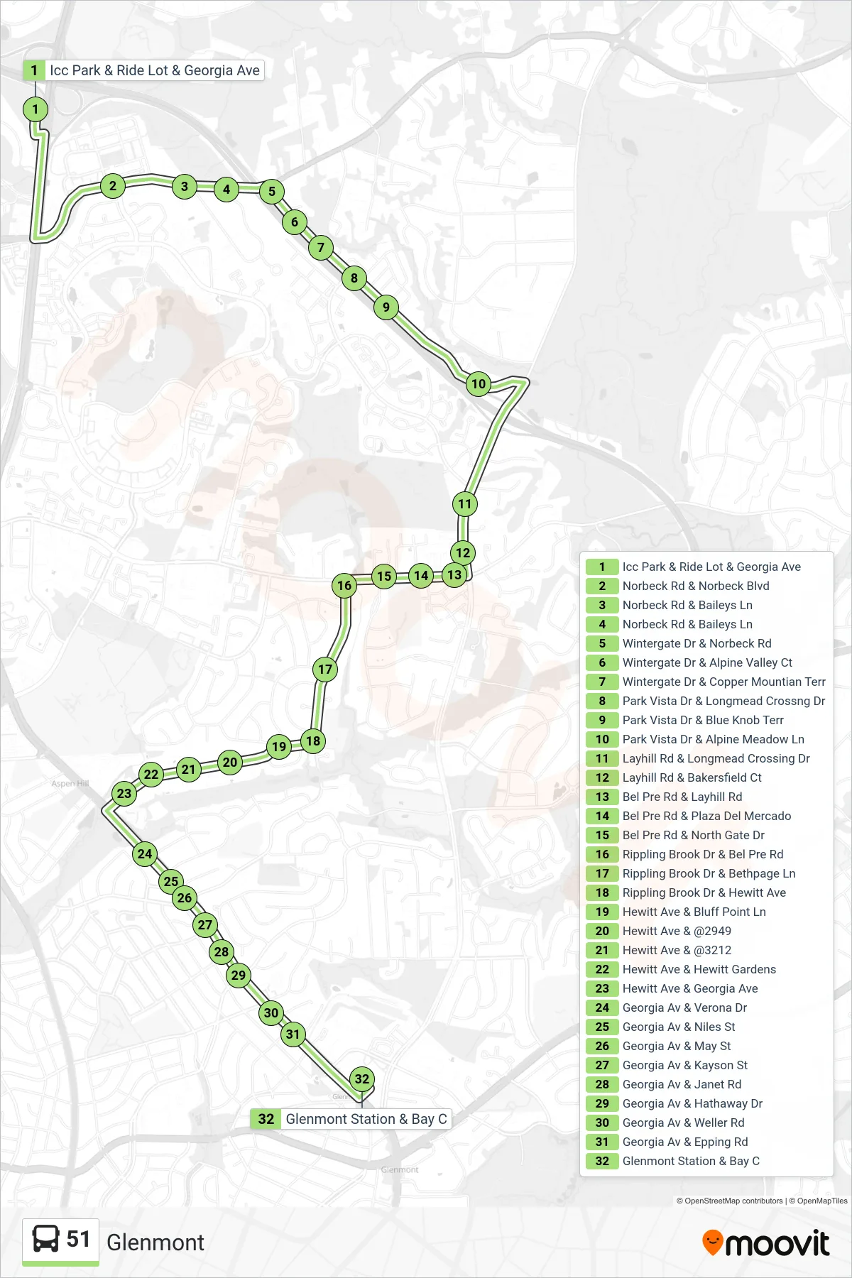 51 bus Line (Glenmont) route and stops on a map