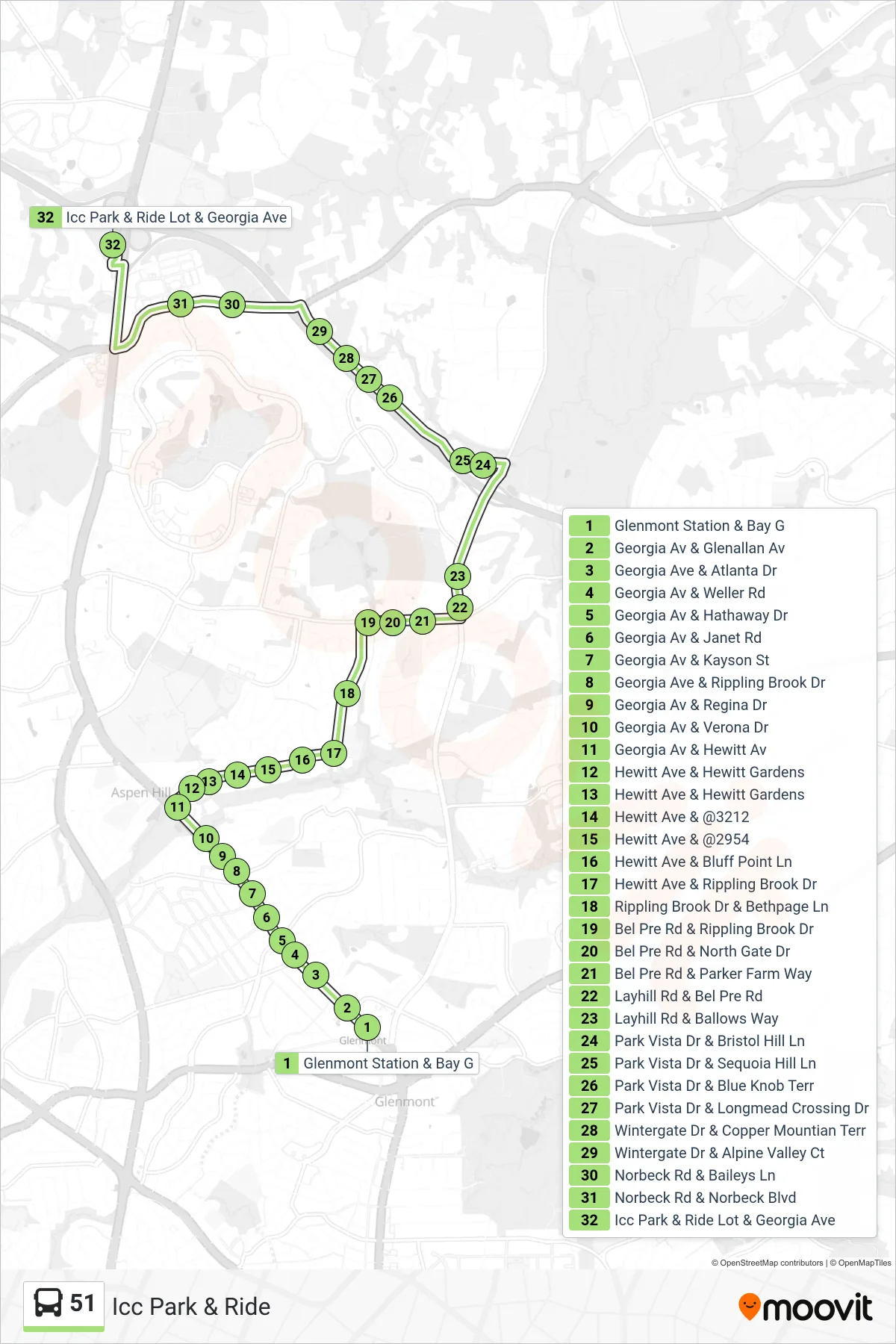 51 bus Line (Icc Park & Ride) route and stops on a map