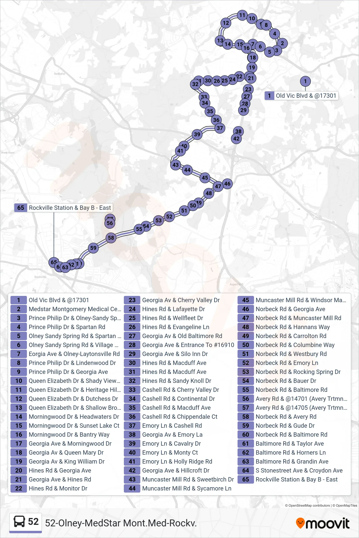 52 bus Line (Rockville) route and stops on a map