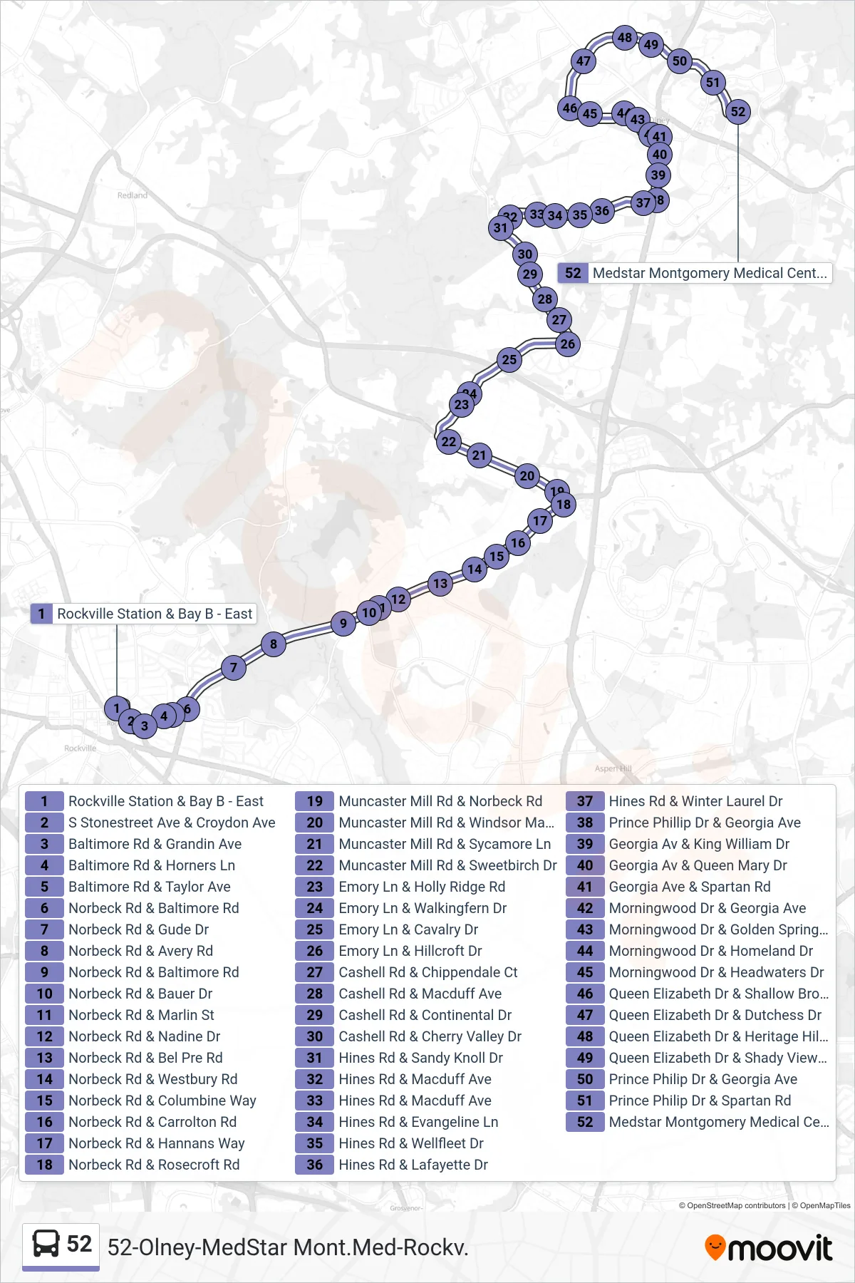 52 bus Line (Medstar Montgomery) route and stops on a map