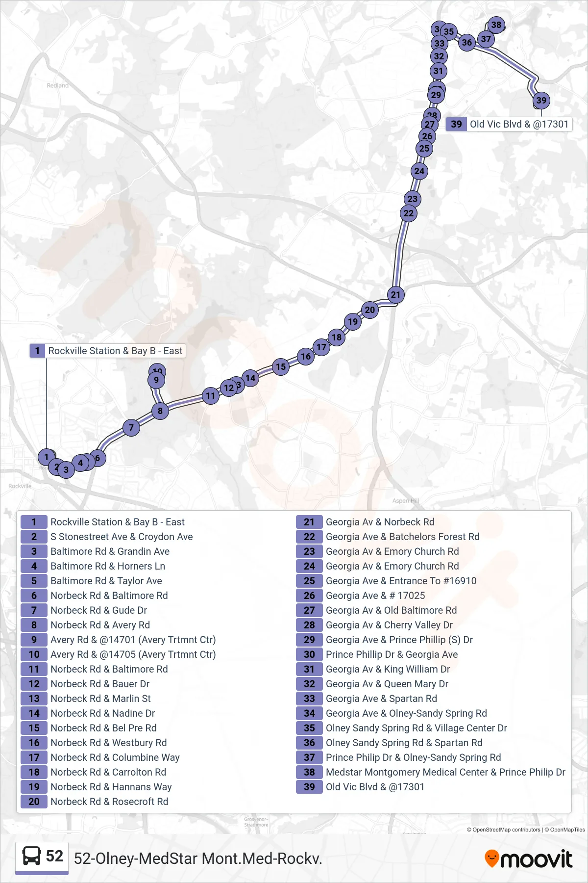 52 bus Line (Good Counsel High School) route and stops on a map
