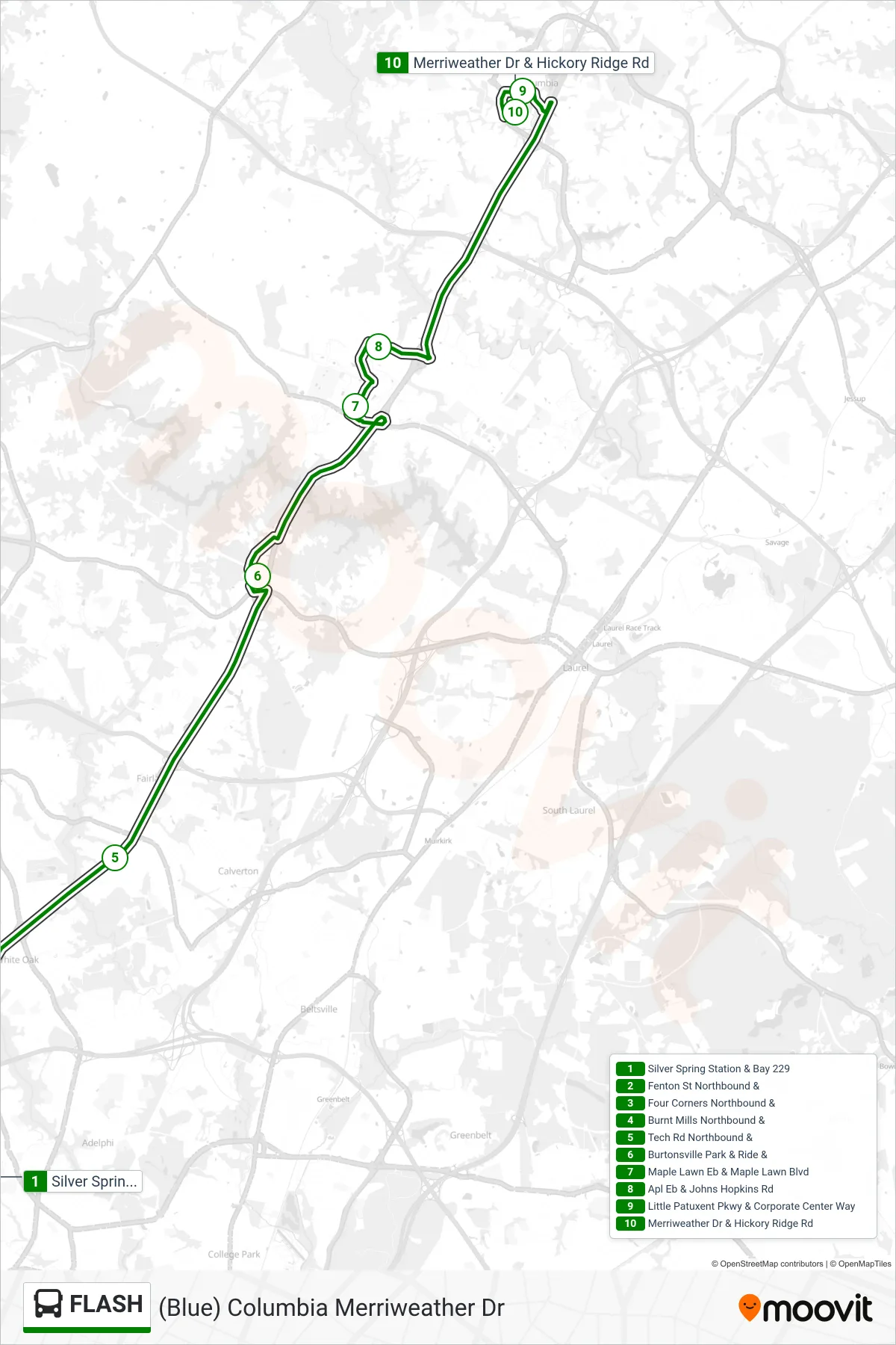 FLASH bus Line ((Blue) Columbia Merriweather Dr) route and stops on a map