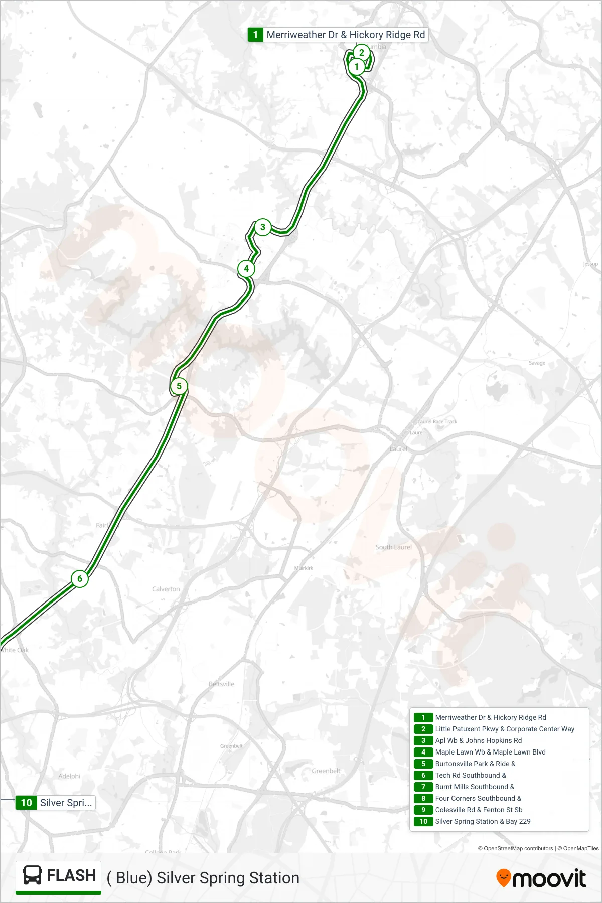 FLASH bus Line (( Blue) Silver Spring Station) route and stops on a map