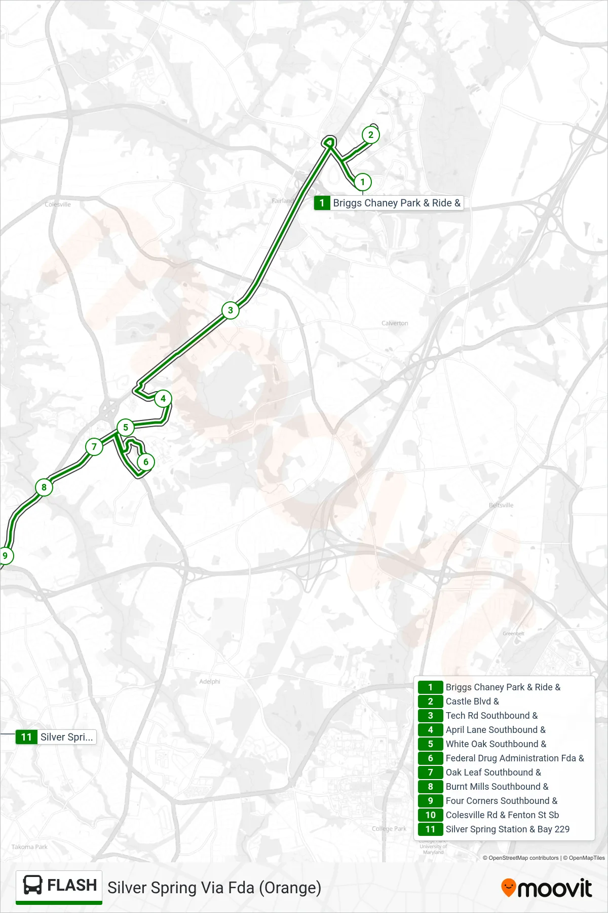 FLASH bus Line (Silver Spring Via Fda (Orange)) route and stops on a map
