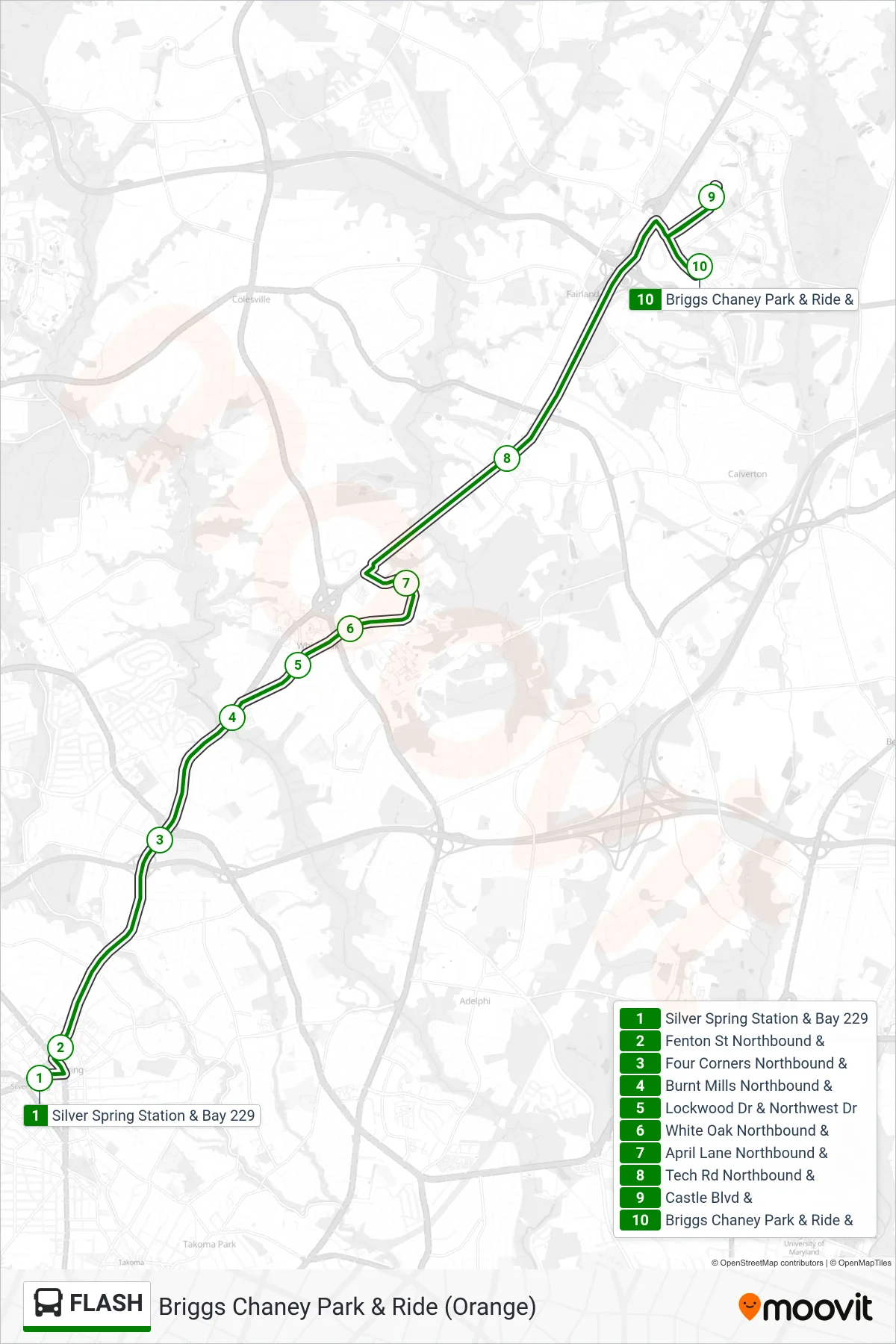 FLASH bus Line (Briggs Chaney Park & Ride (Orange)) route and stops on a map