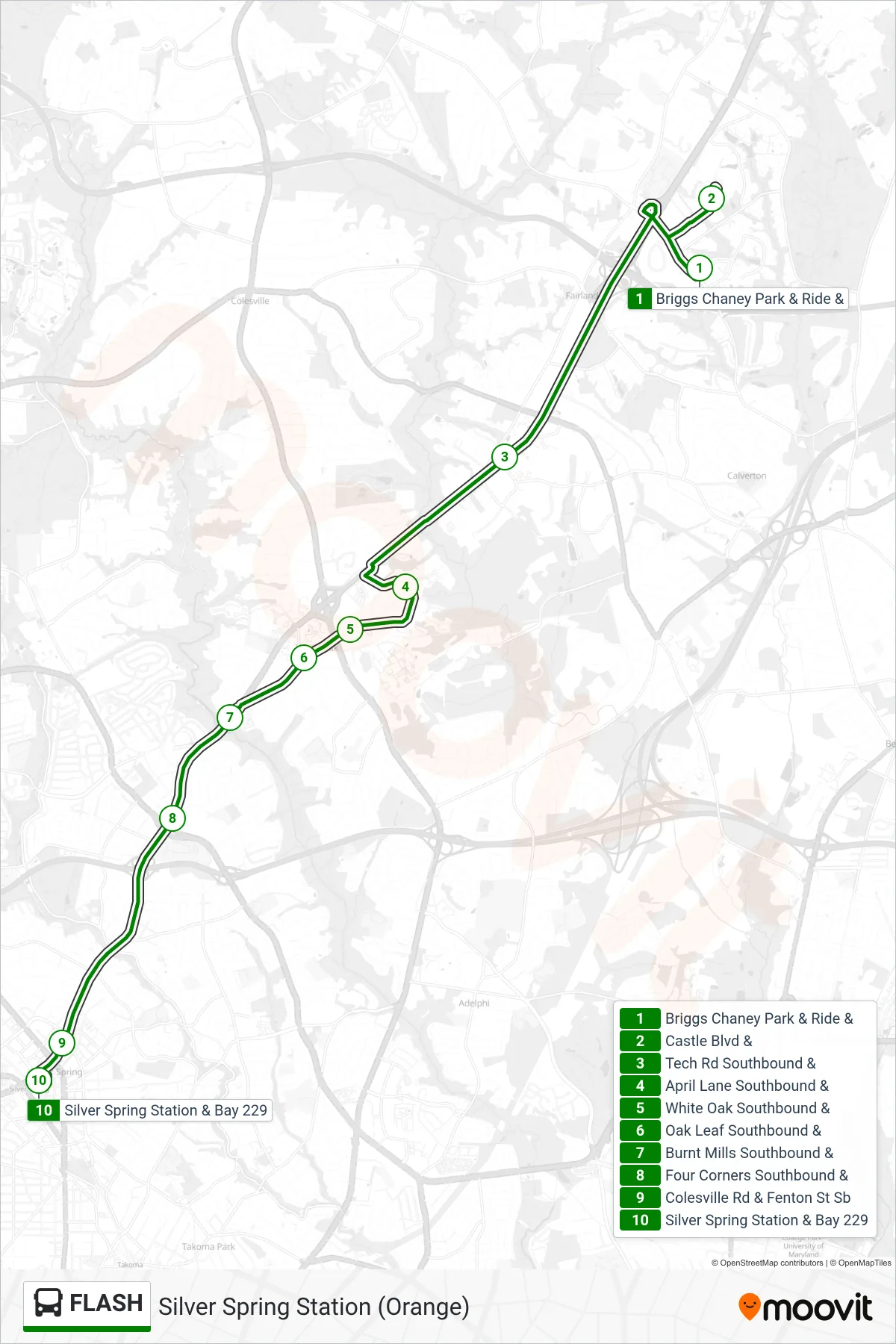 FLASH bus Line (Silver Spring Station (Orange)) route and stops on a map