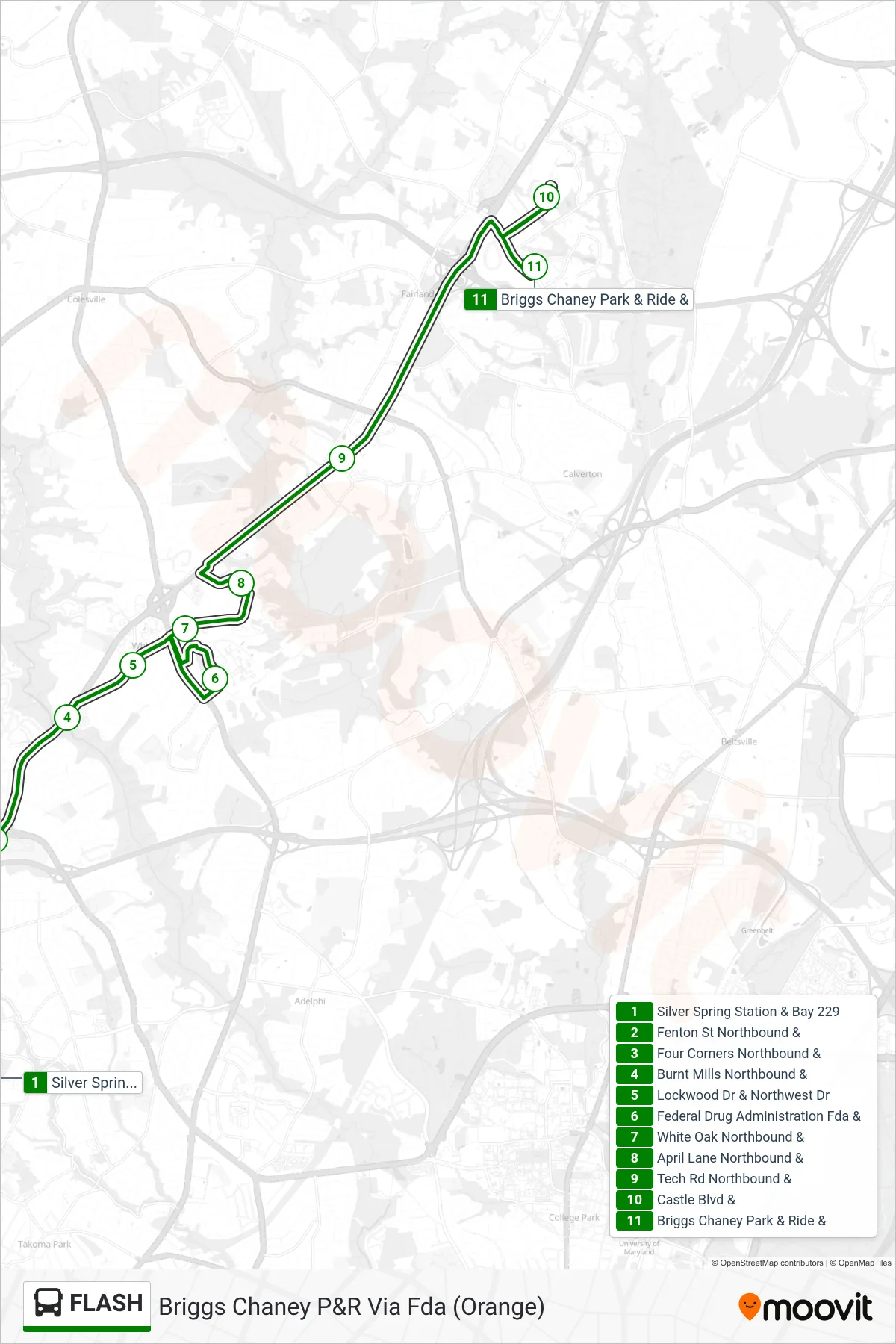 FLASH bus Line (Briggs Chaney P&R Via Fda (Orange)) route and stops on a map