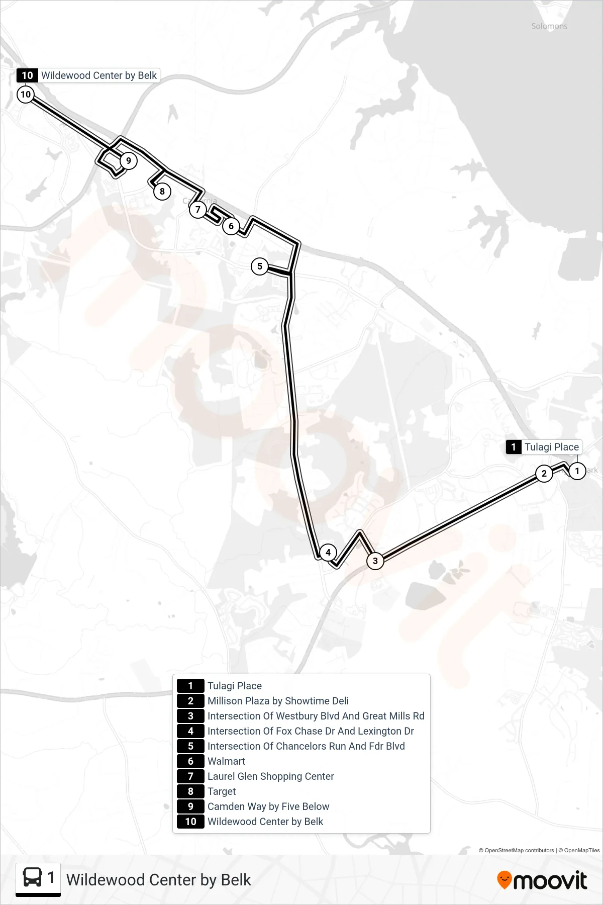 1 bus Line (Wildewood Center by Belk) route and stops on a map