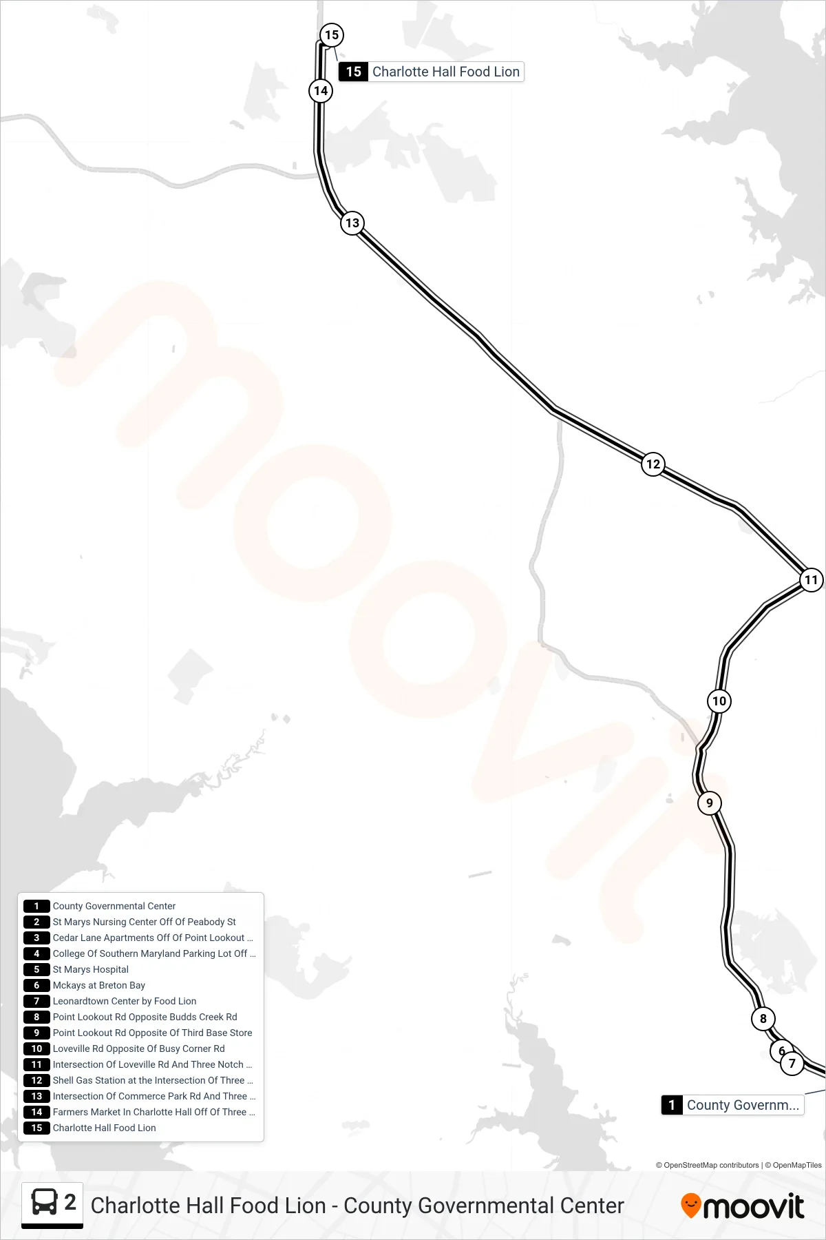 2 bus Line (Charlotte Hall Food Lion) route and stops on a map