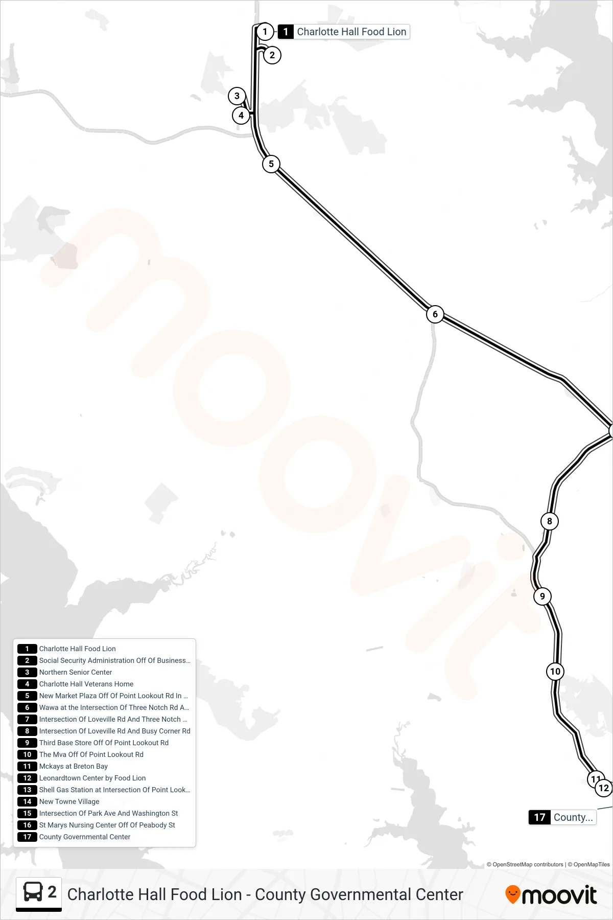 2 bus Line (County Governmental Center) route and stops on a map