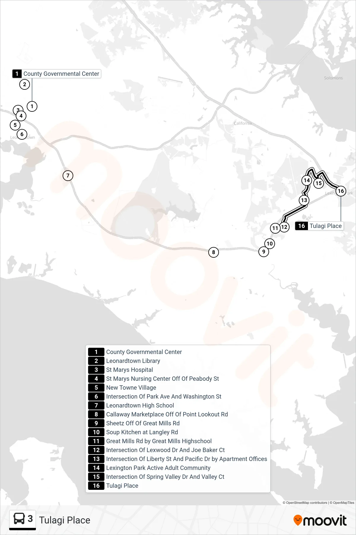 3 bus Line (Tulagi Place) route and stops on a map