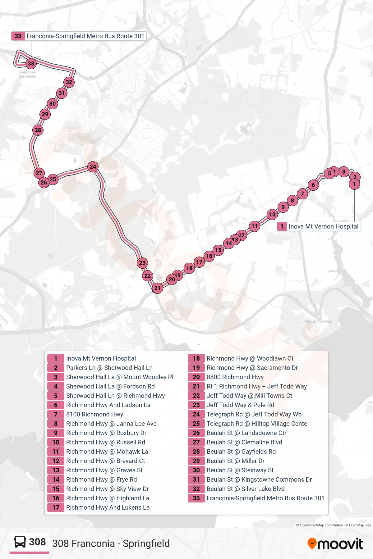 308 bus Line (308 Franconia - Springfield) route and stops on a map