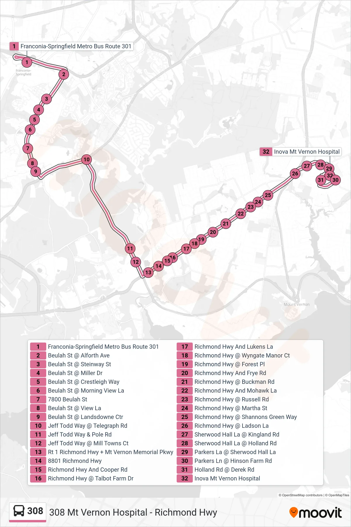 308 bus Line (308 Mt Vernon Hospital - Richmond Hwy) route and stops on a map