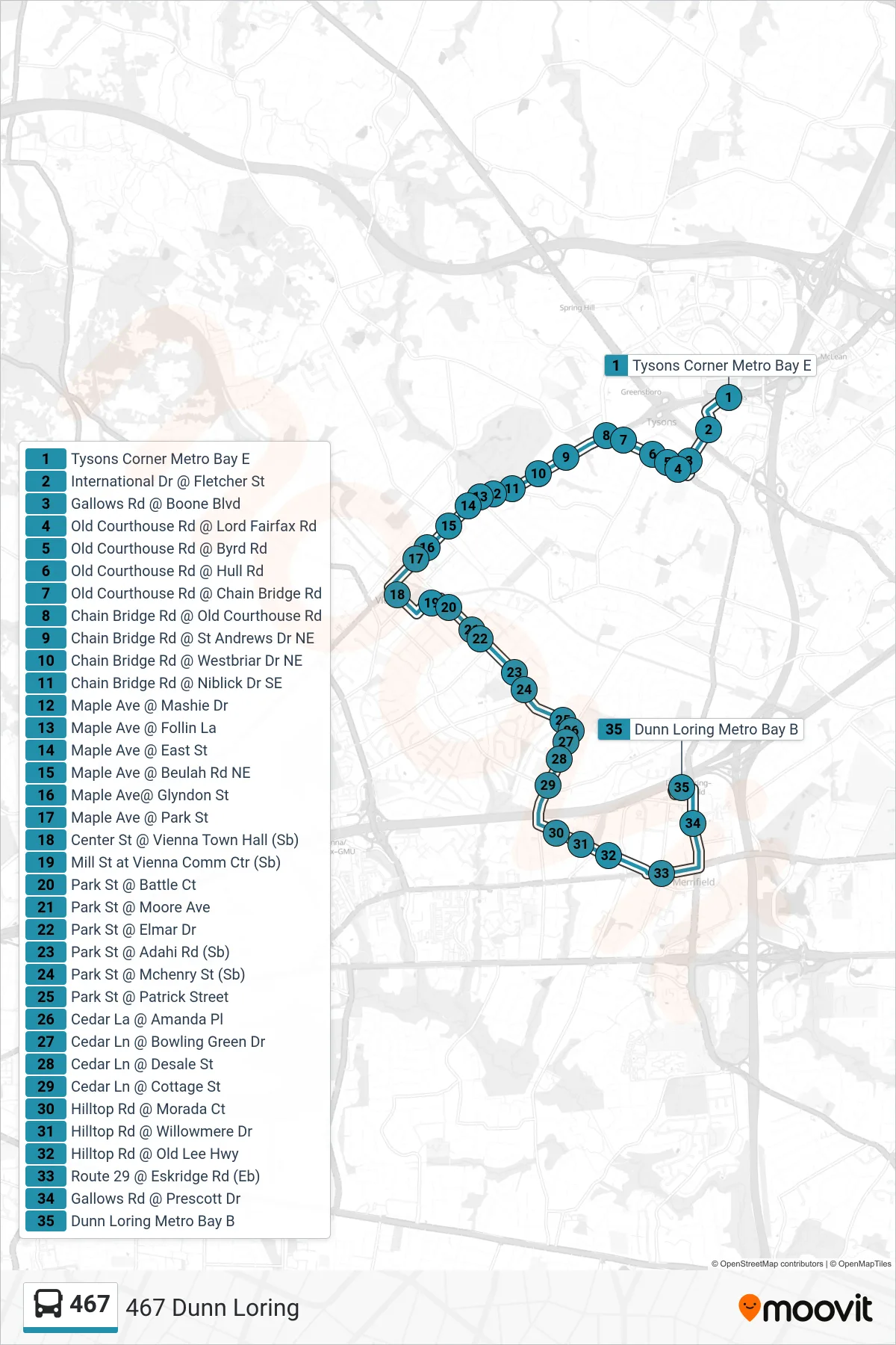 467 bus Line (467 Dunn Loring) route and stops on a map