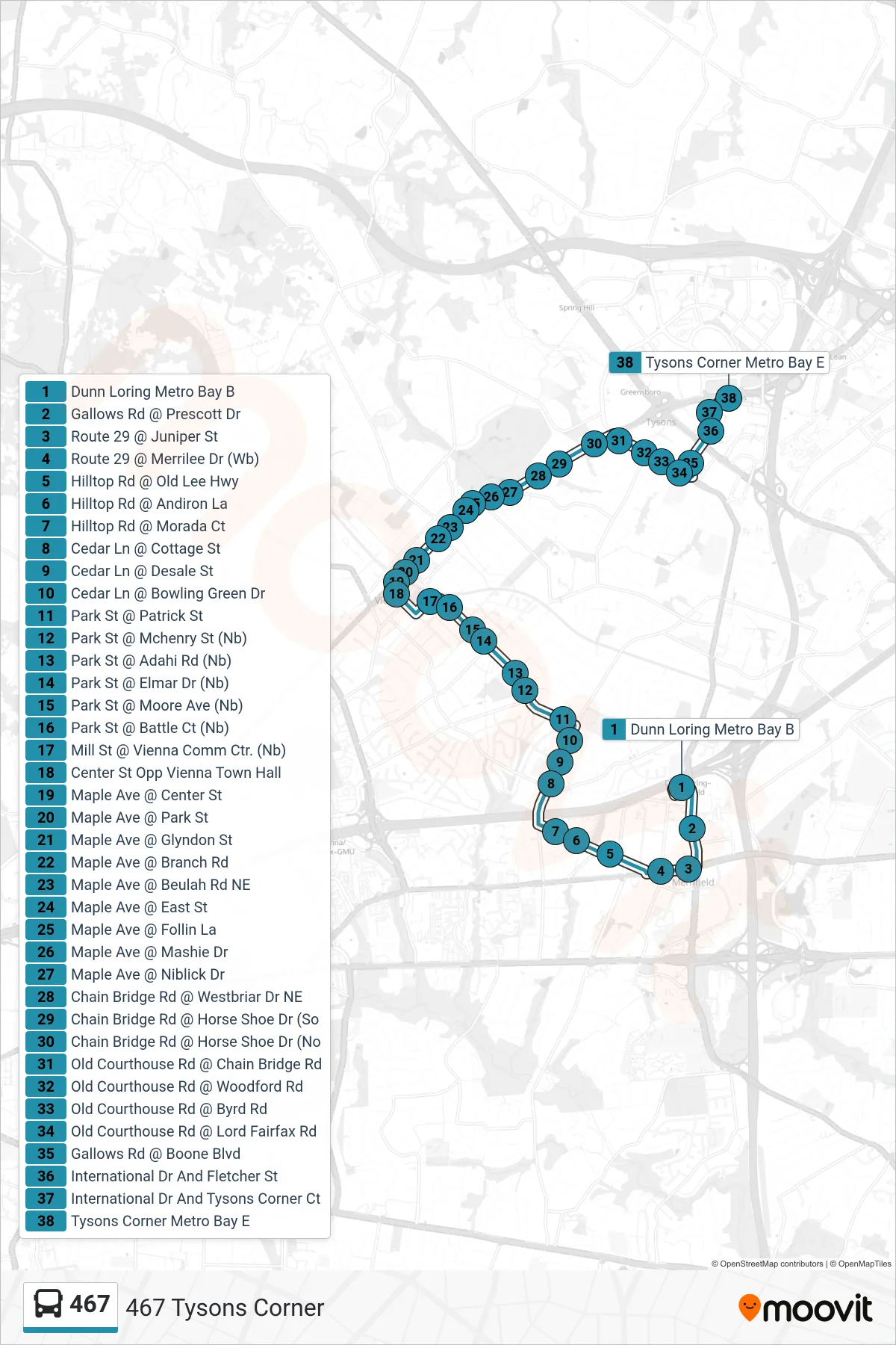 467 bus Line (467 Tysons Corner) route and stops on a map