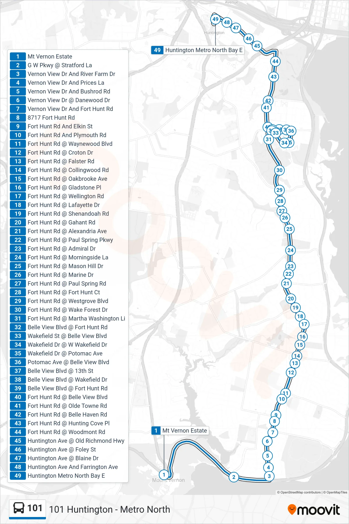 101 bus Line (101 Huntington - Metro North) route and stops on a map