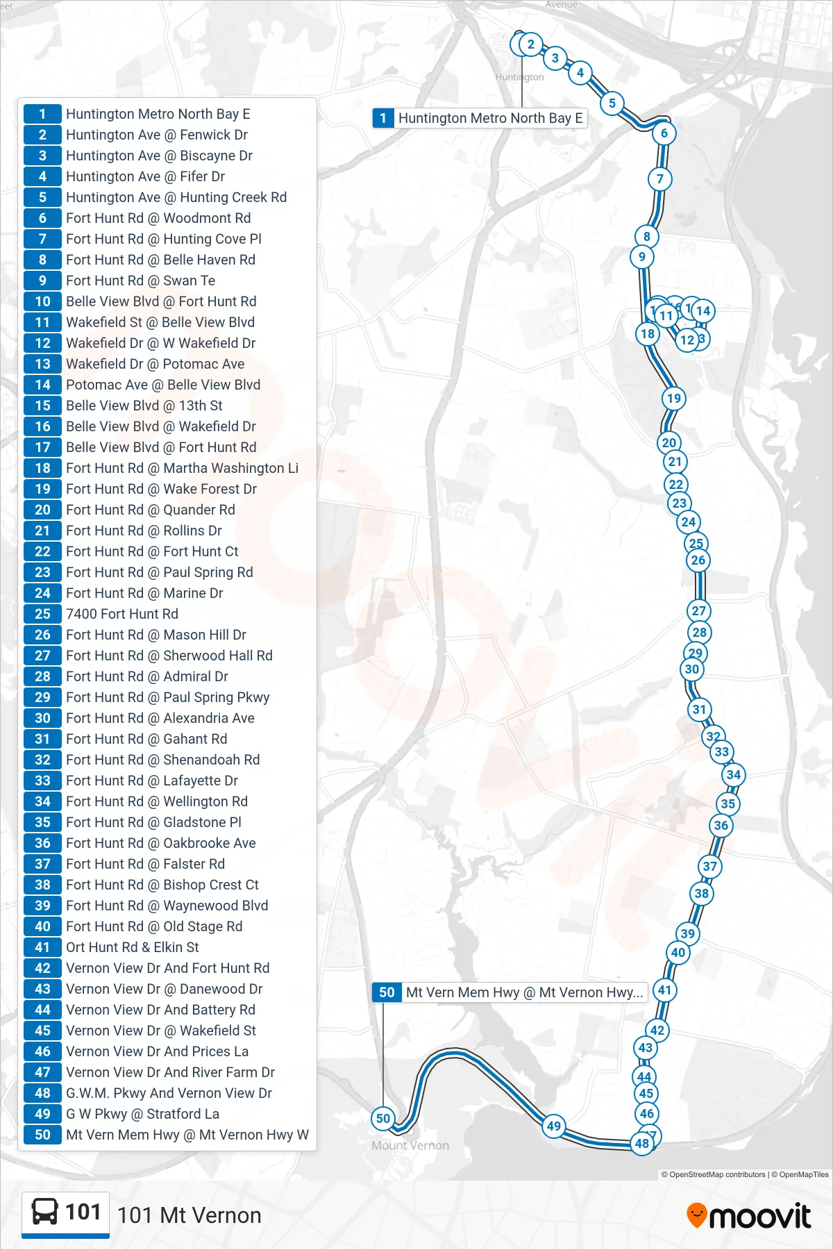 101 bus Line (101 Mt Vernon) route and stops on a map