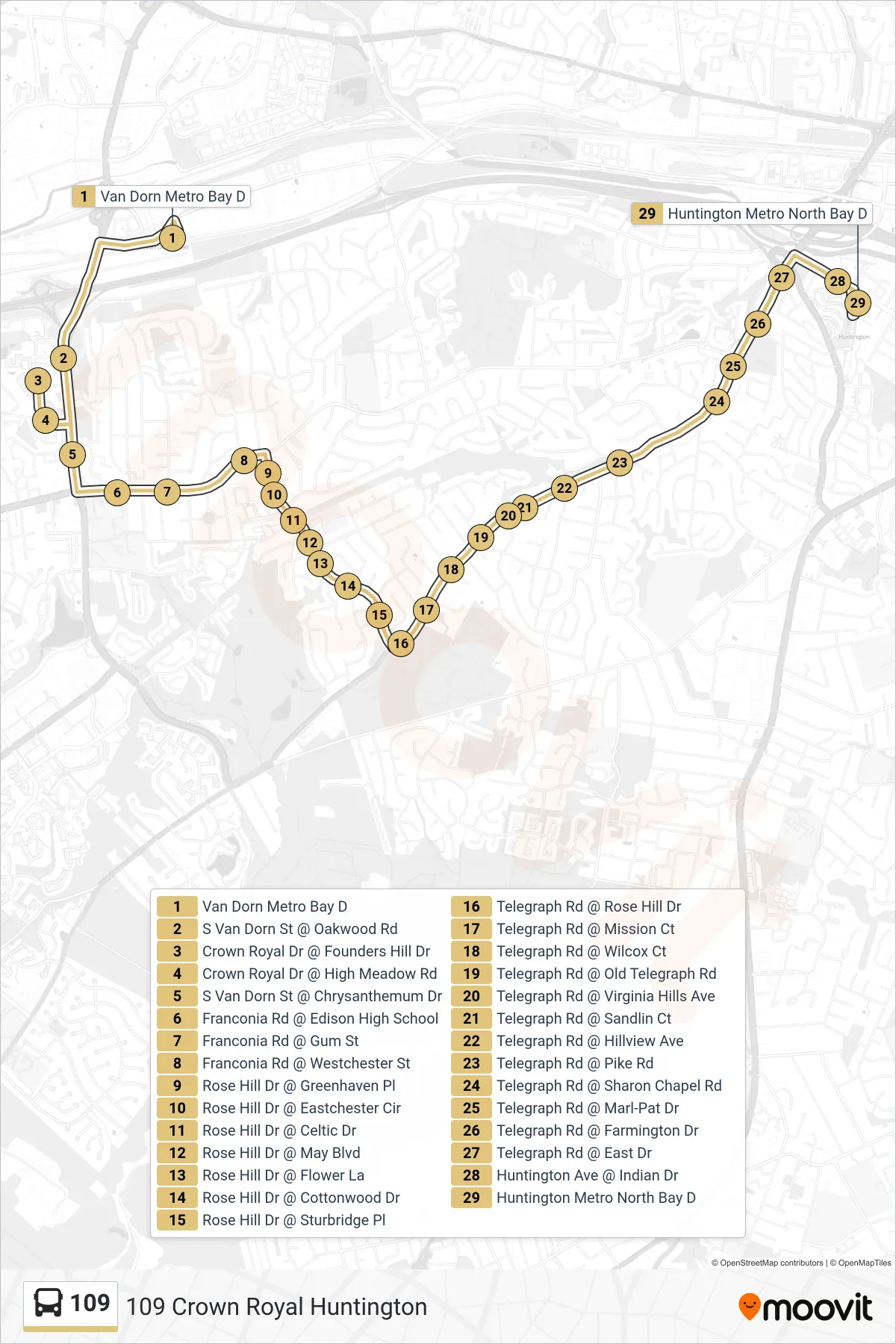 109 bus Line (109 Crown Royal Huntington) route and stops on a map