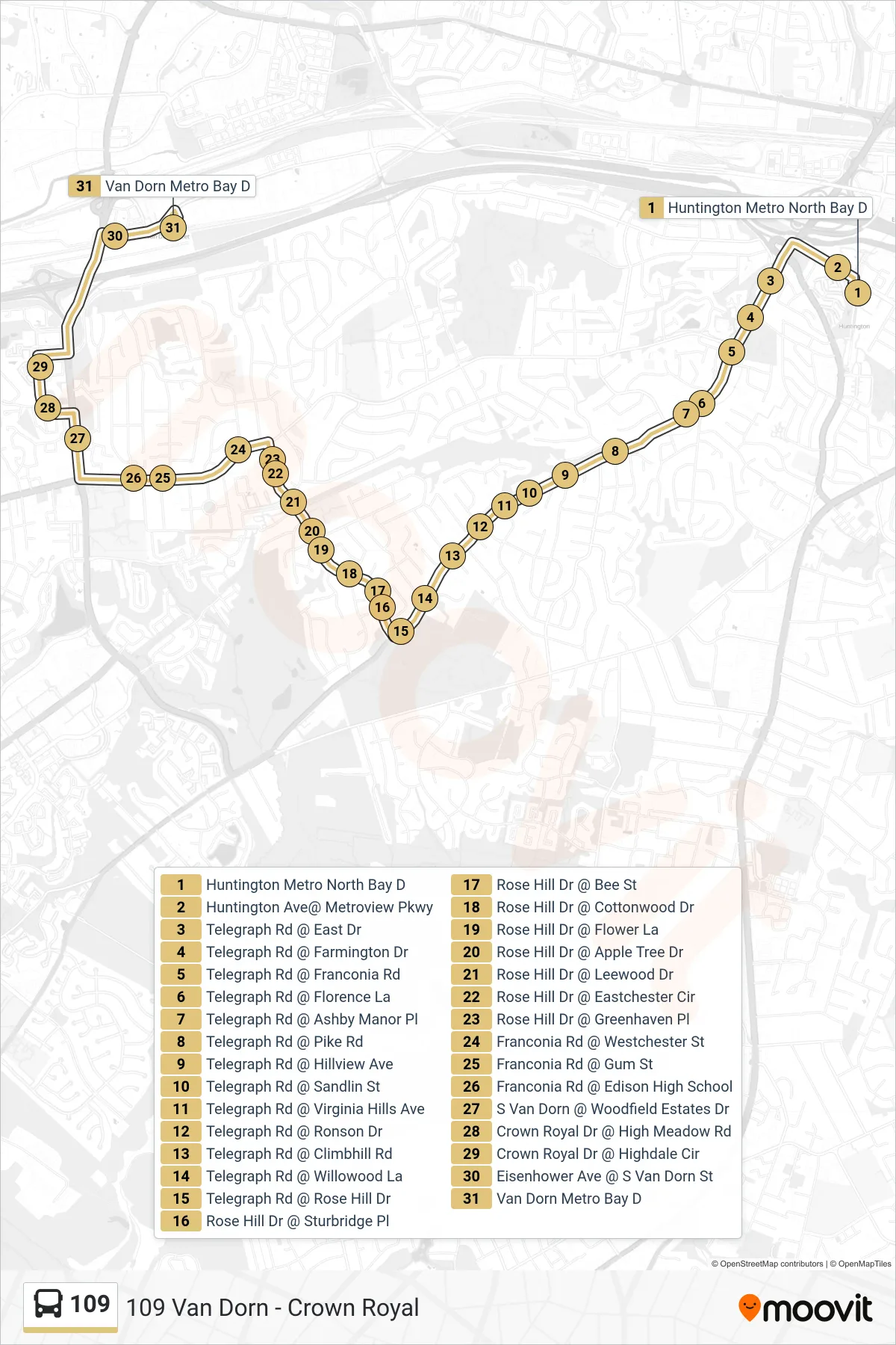 109 bus Line (109 Van Dorn - Crown Royal) route and stops on a map