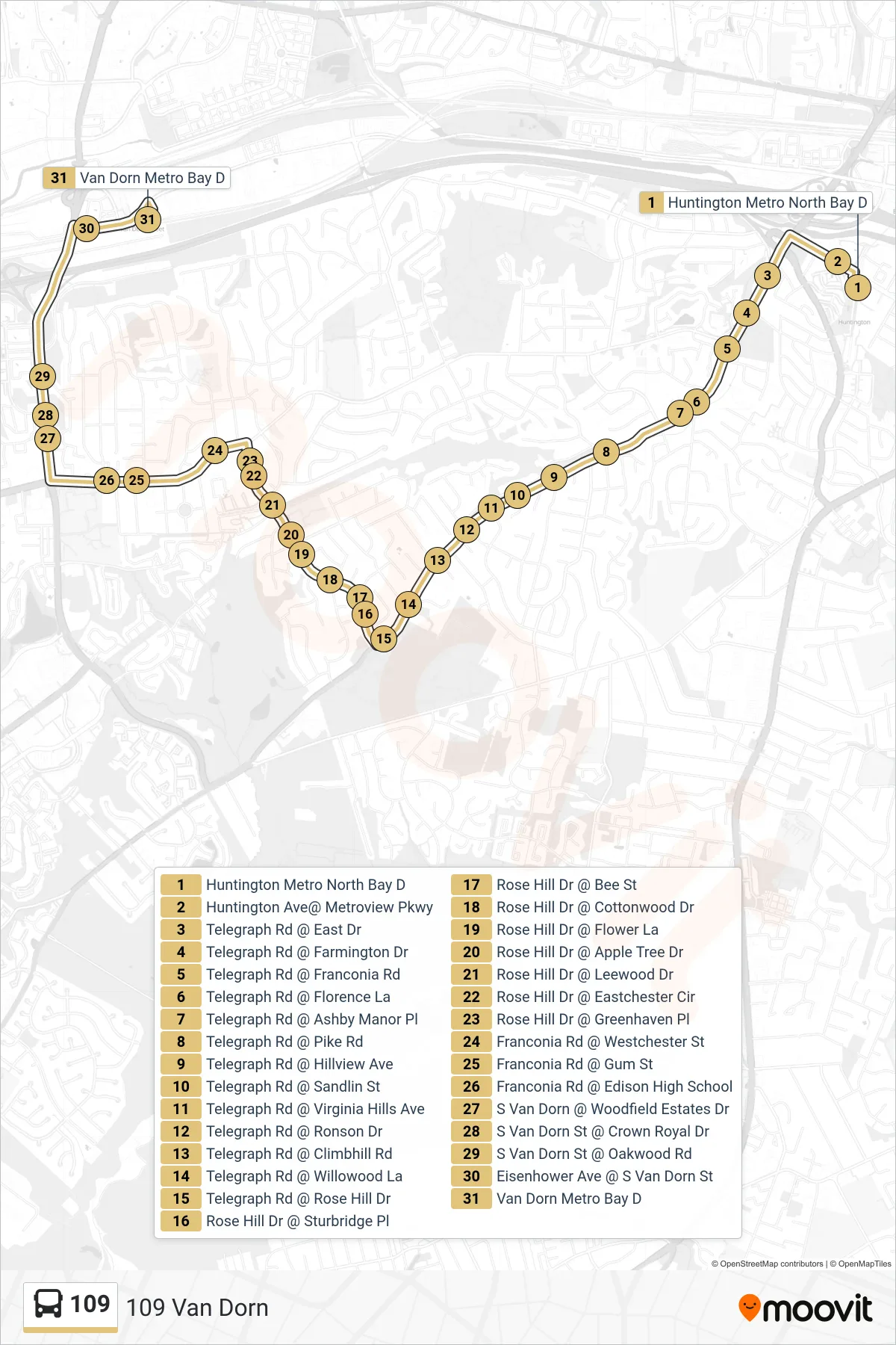 109 bus Line (109 Van Dorn) route and stops on a map