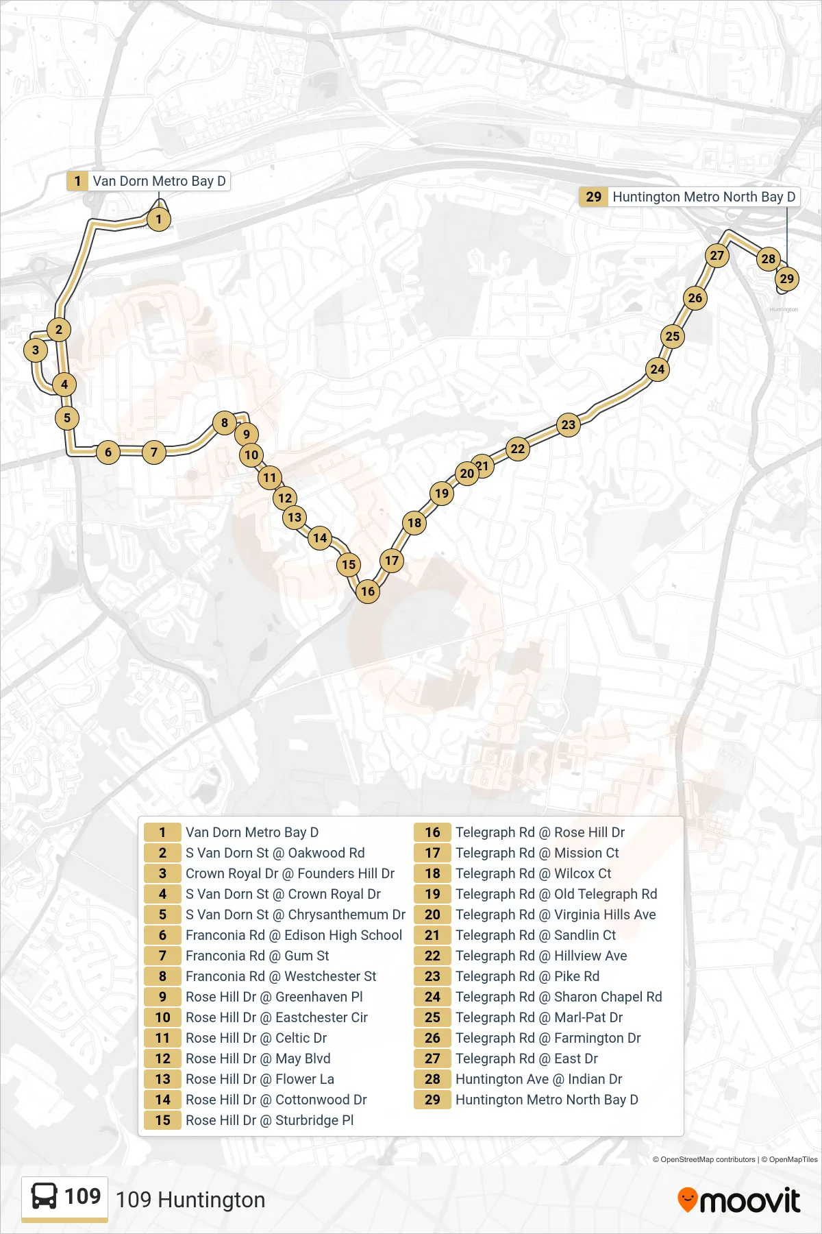 109 bus Line (109 Huntington) route and stops on a map