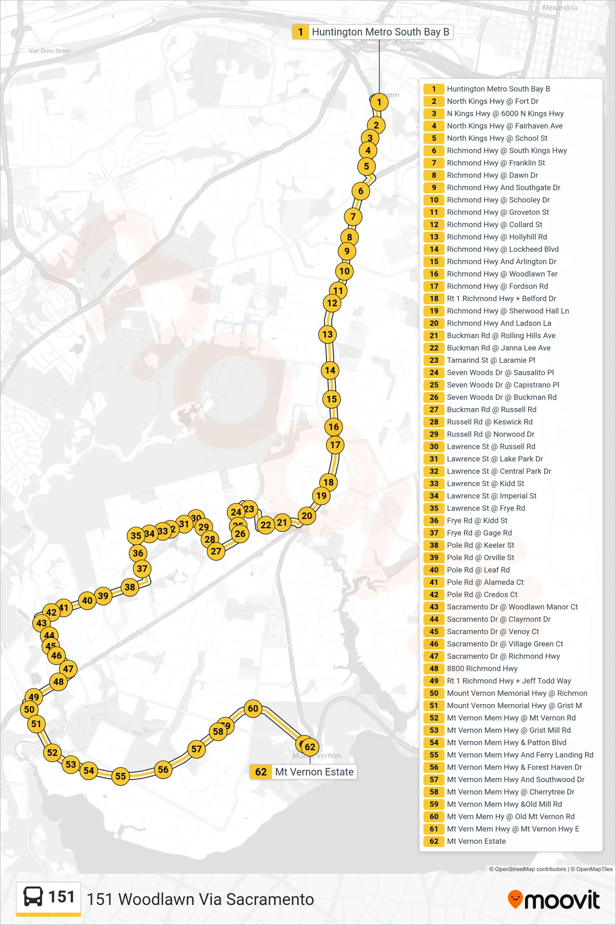 151 bus Line (151 Woodlawn Via Sacramento) route and stops on a map