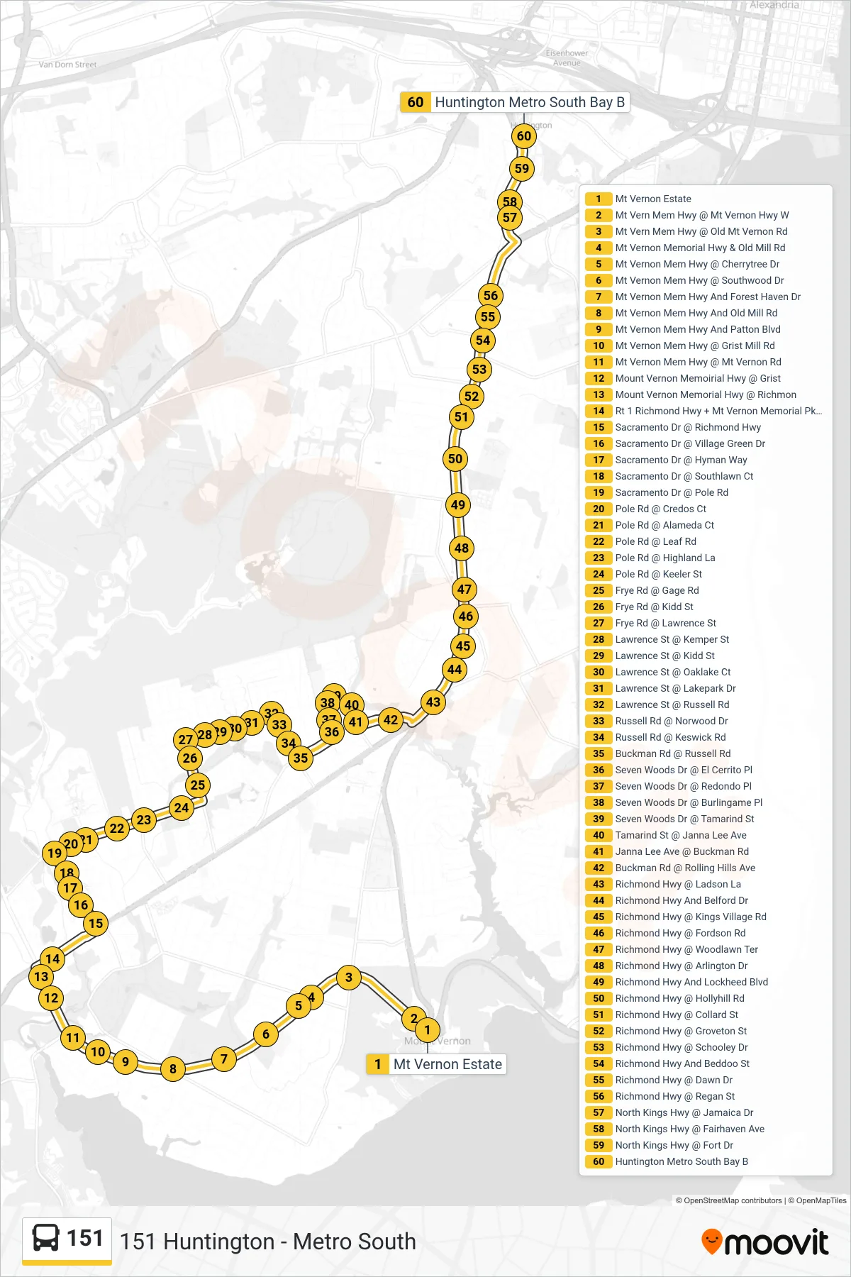 151 bus Line (151 Huntington - Metro South) route and stops on a map