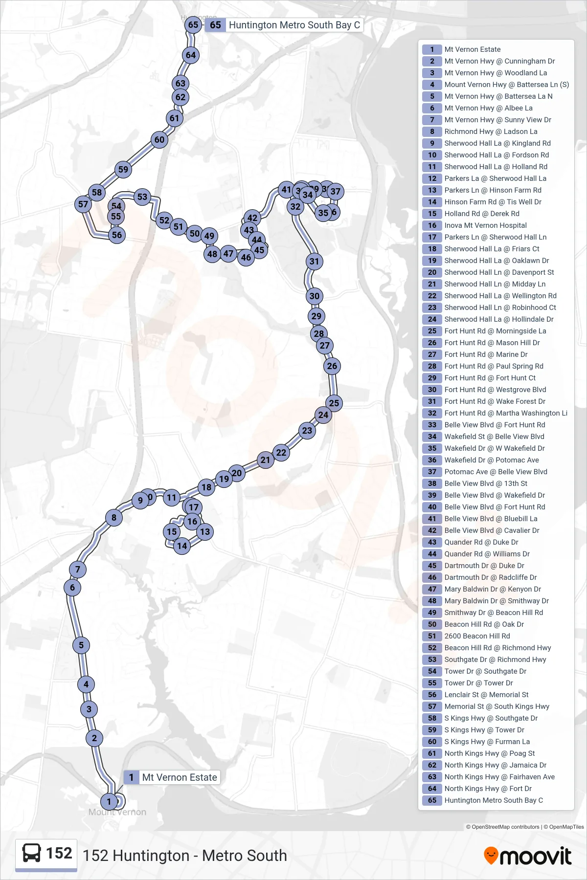 152 bus Line (152 Huntington - Metro South) route and stops on a map