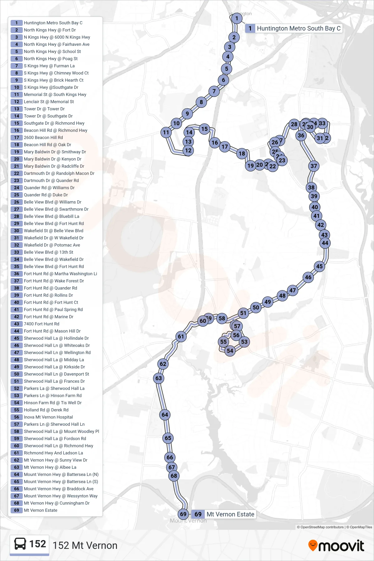 152 bus Line (152 Mt Vernon) route and stops on a map