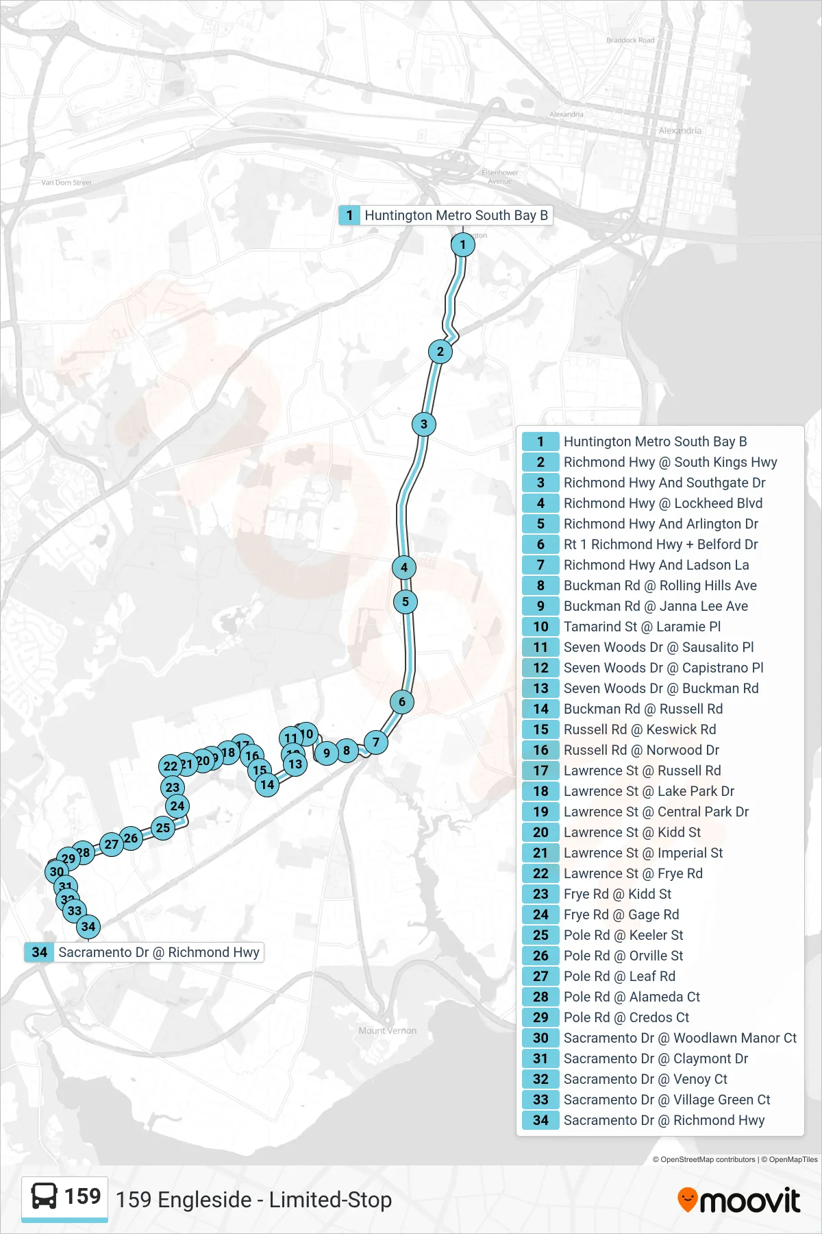 159 bus Line (159 Engleside - Limited-Stop) route and stops on a map