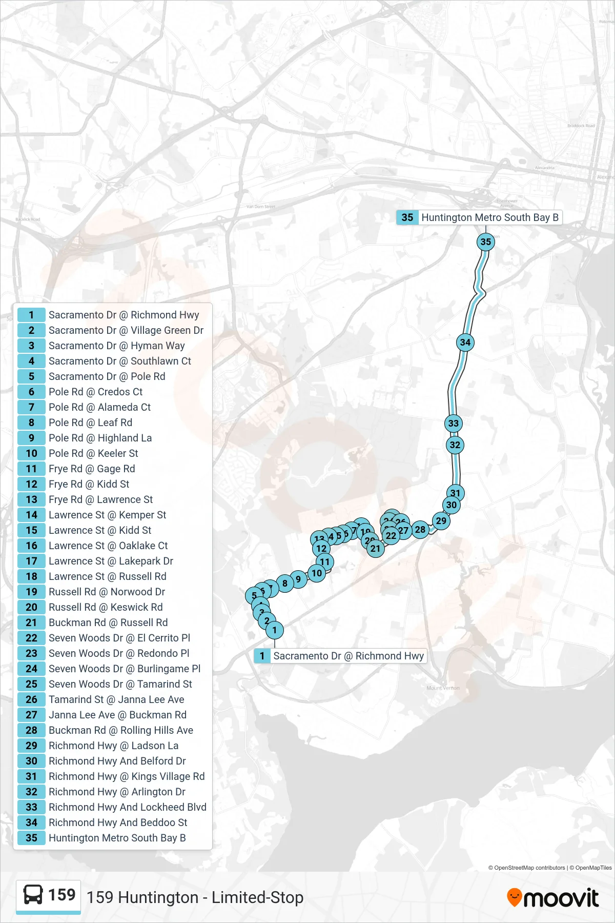 159 bus Line (159 Huntington - Limited-Stop) route and stops on a map