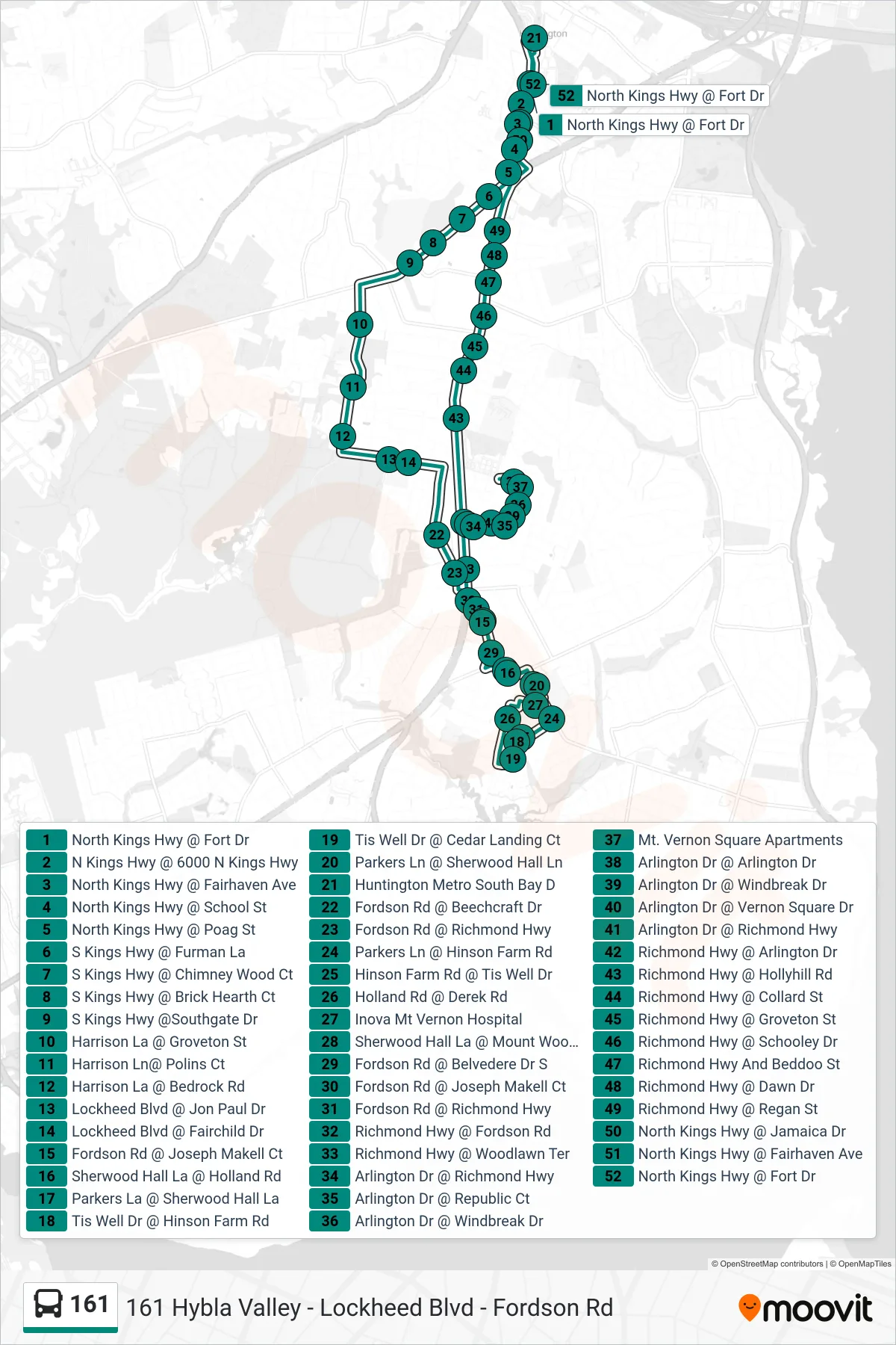 161 bus Line (161 Hybla Valley - Lockheed Blvd - Fordson Rd) route and stops on a map