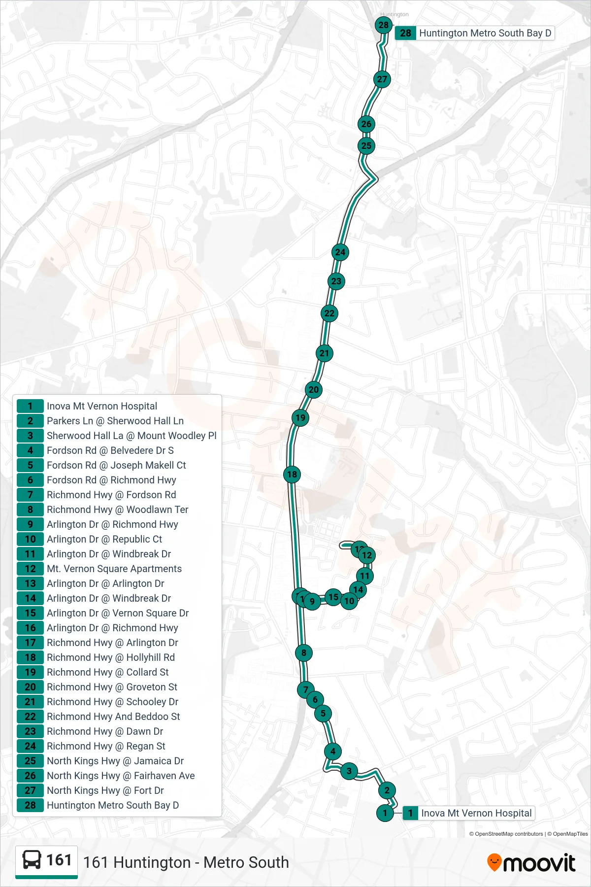 161 bus Line (161 Huntington - Metro South) route and stops on a map
