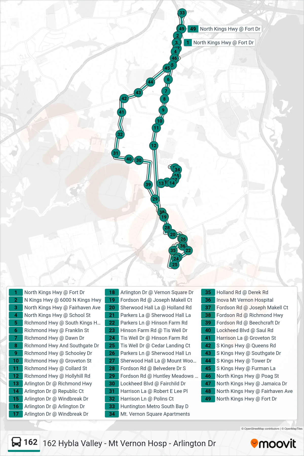 162 bus Line (162 Hybla Valley - Mt Vernon Hosp - Arlington Dr) route and stops on a map