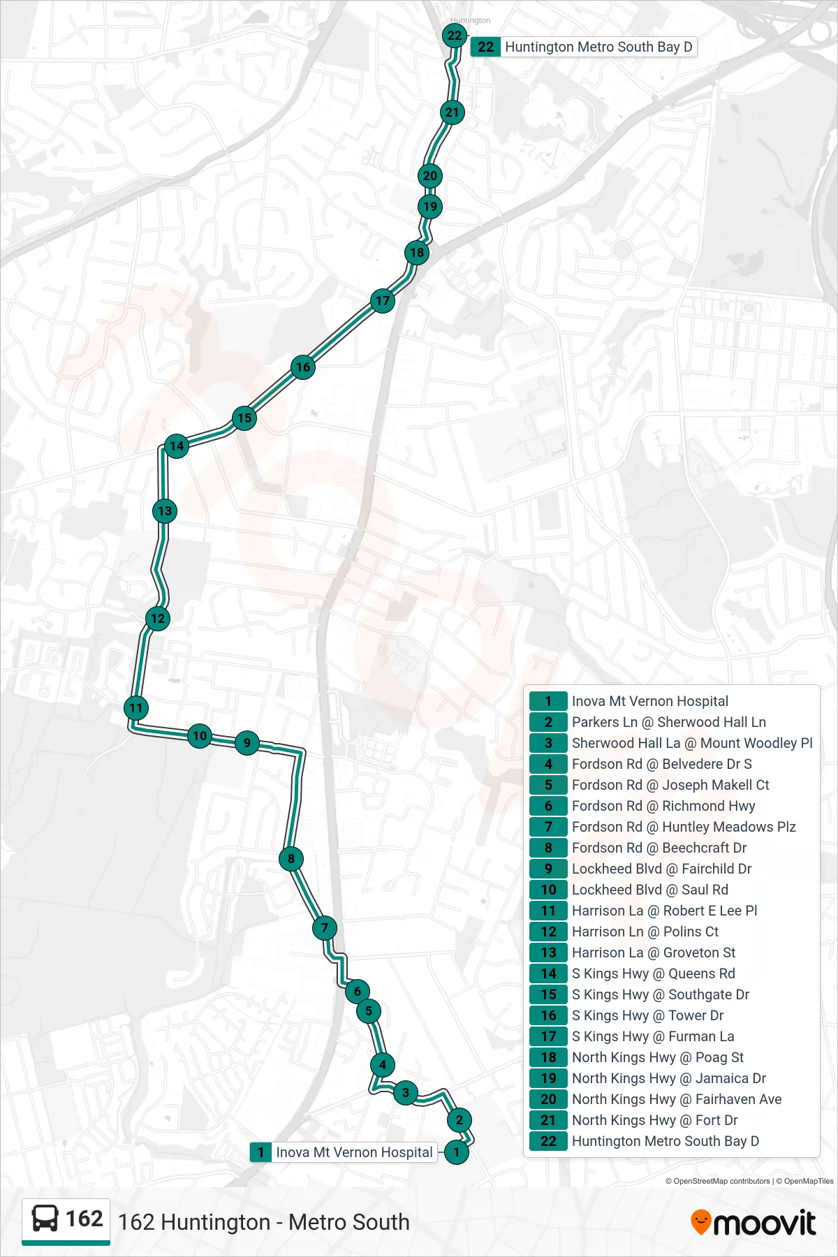 162 bus Line (162 Huntington - Metro South) route and stops on a map