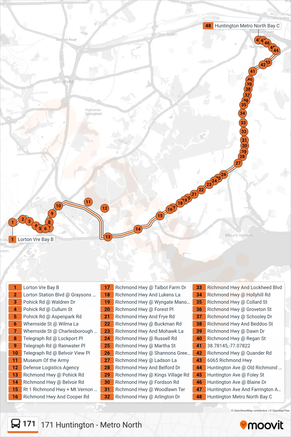171 bus Line (171 Huntington - Metro North) route and stops on a map