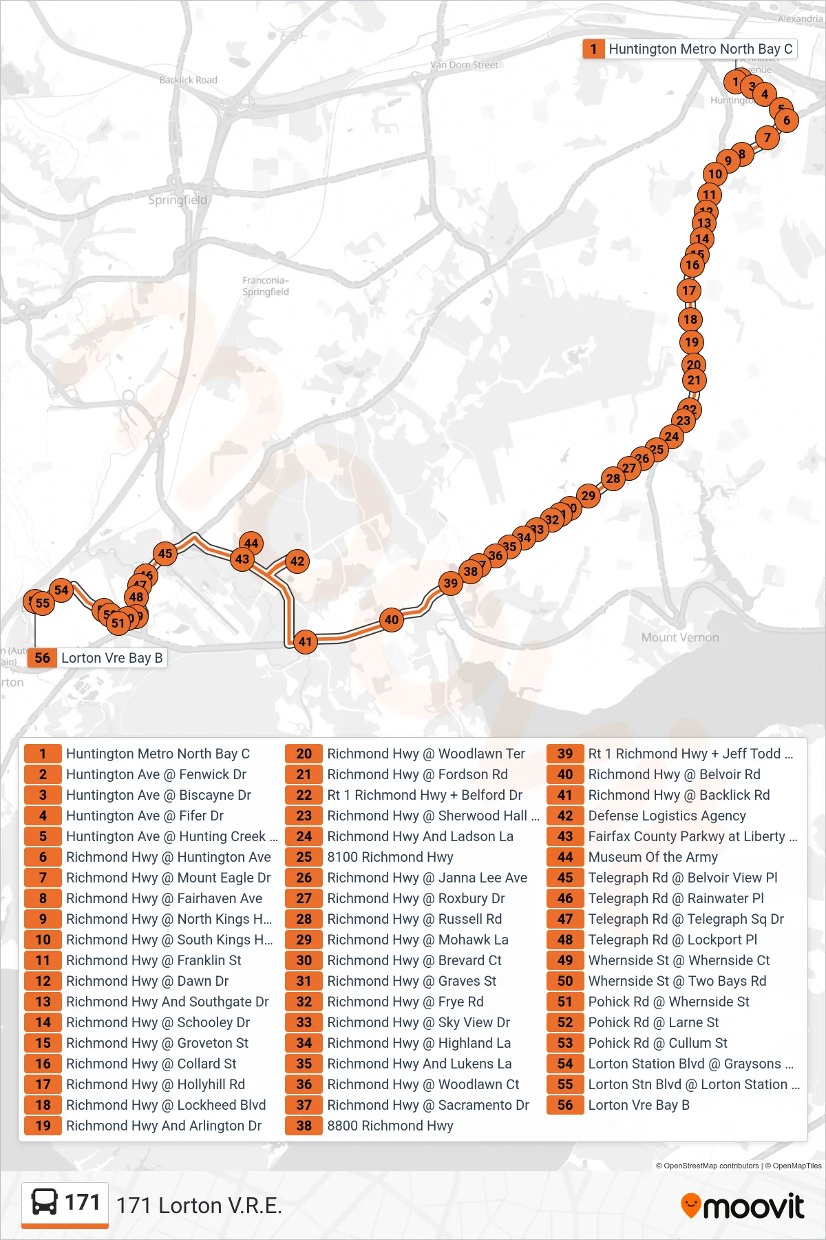 171 bus Line (171 Lorton V.R.E.) route and stops on a map