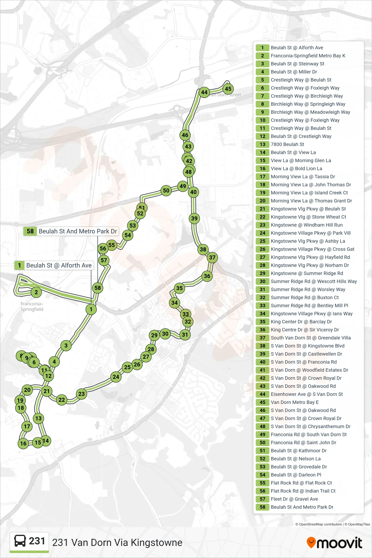 231 bus Line (231 Van Dorn Via Kingstowne) route and stops on a map
