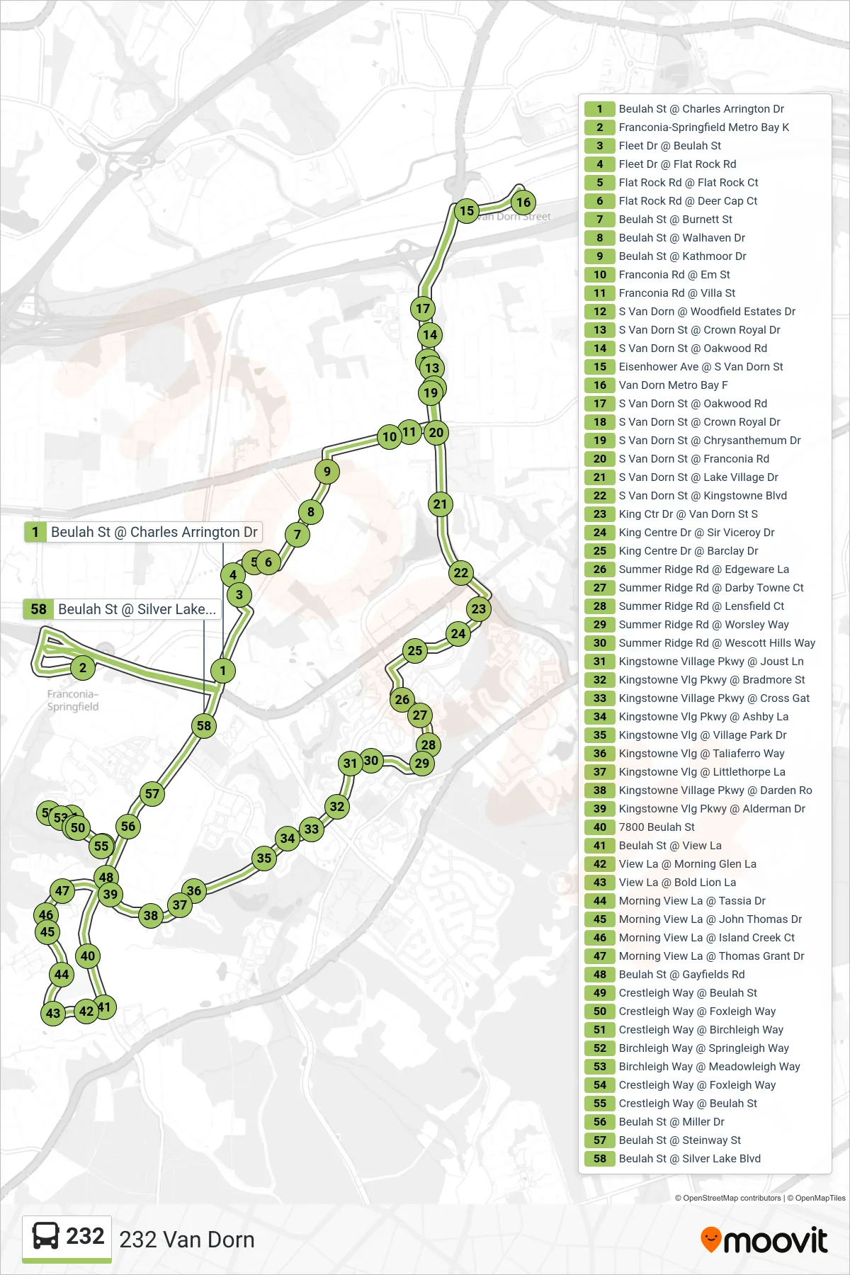 232 bus Line (232 Van Dorn) route and stops on a map