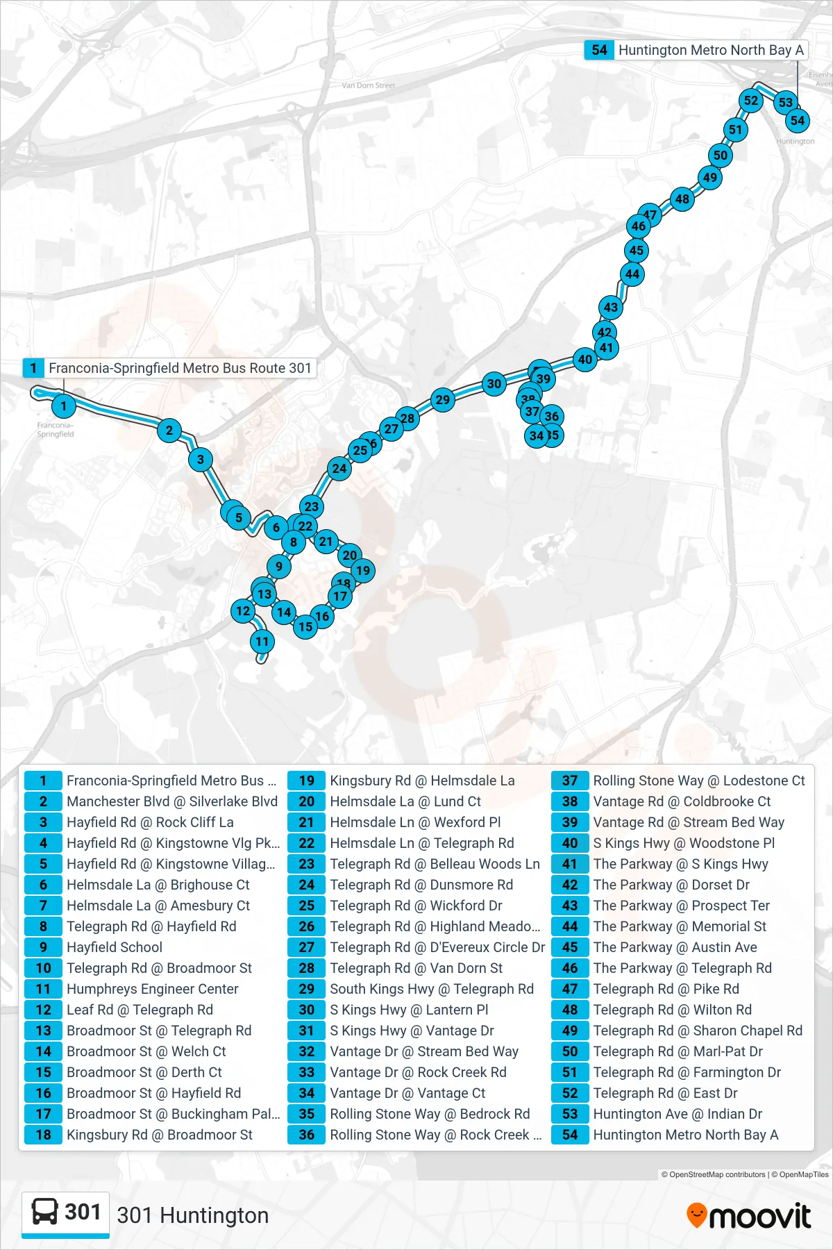 301 bus Line (301 Huntington) route and stops on a map