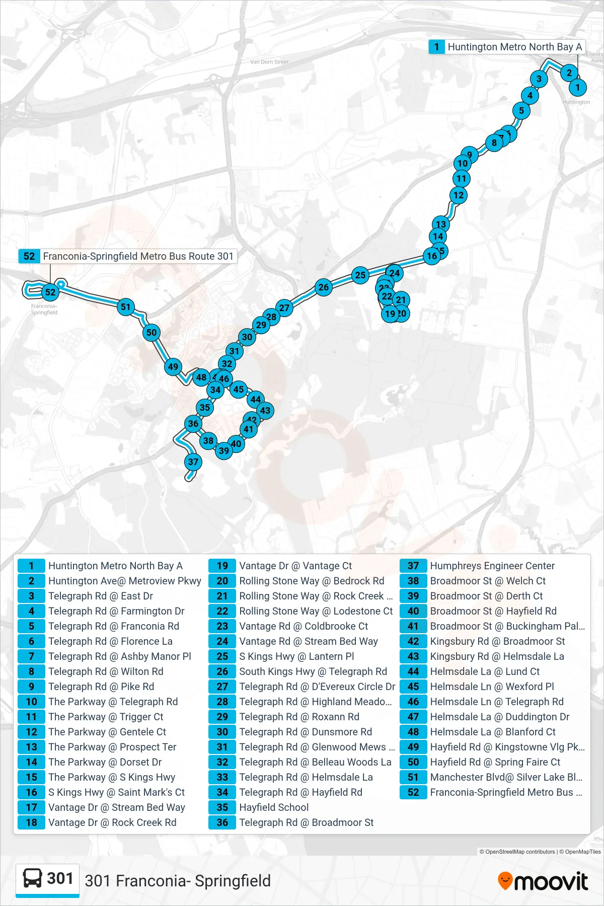 301 bus Line (301 Franconia- Springfield) route and stops on a map